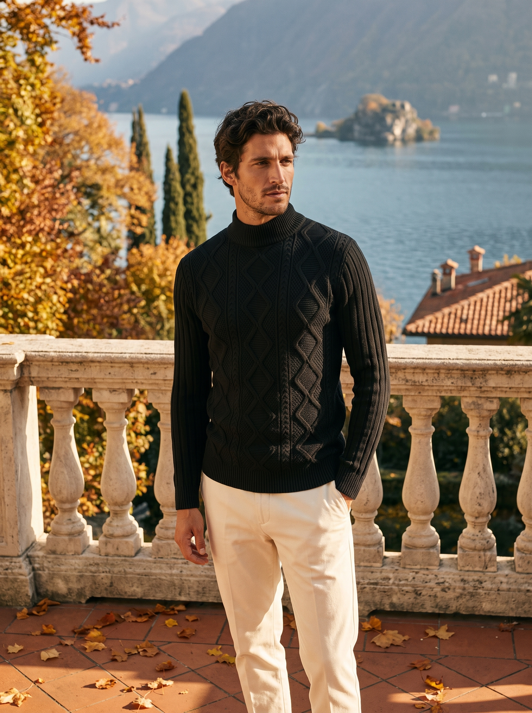 Black cable knit mock neck sweater for men, front view - Aveloire