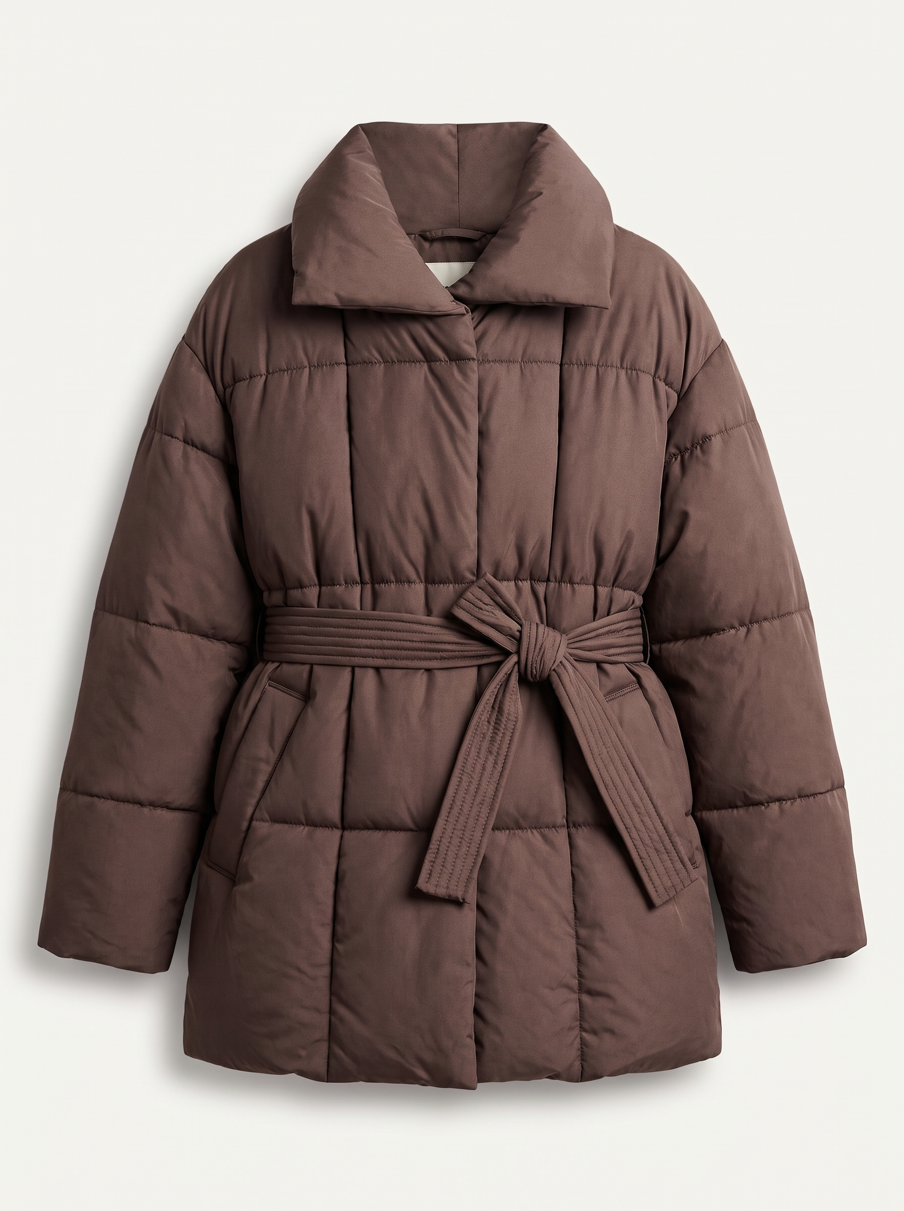 Chocolate brown belted quilted coat for women, flat lay — Aveloire