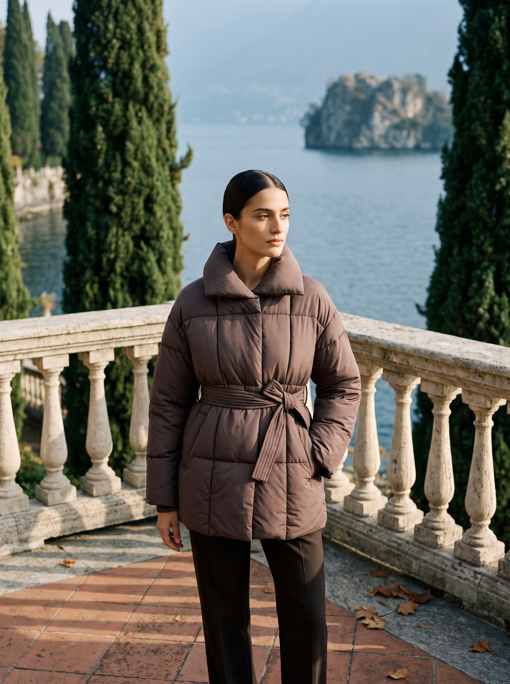 Chocolate brown belted quilted coat for women, front product shot — Aveloire
