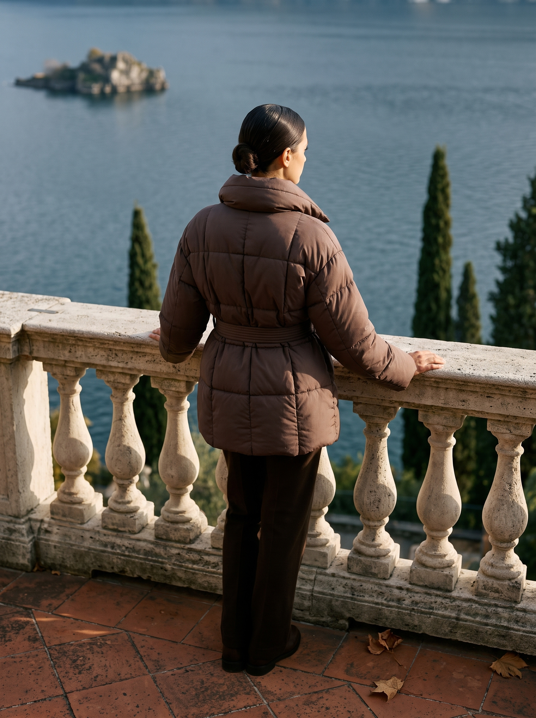 Chocolate brown belted quilted coat for women, back product shot — Aveloire