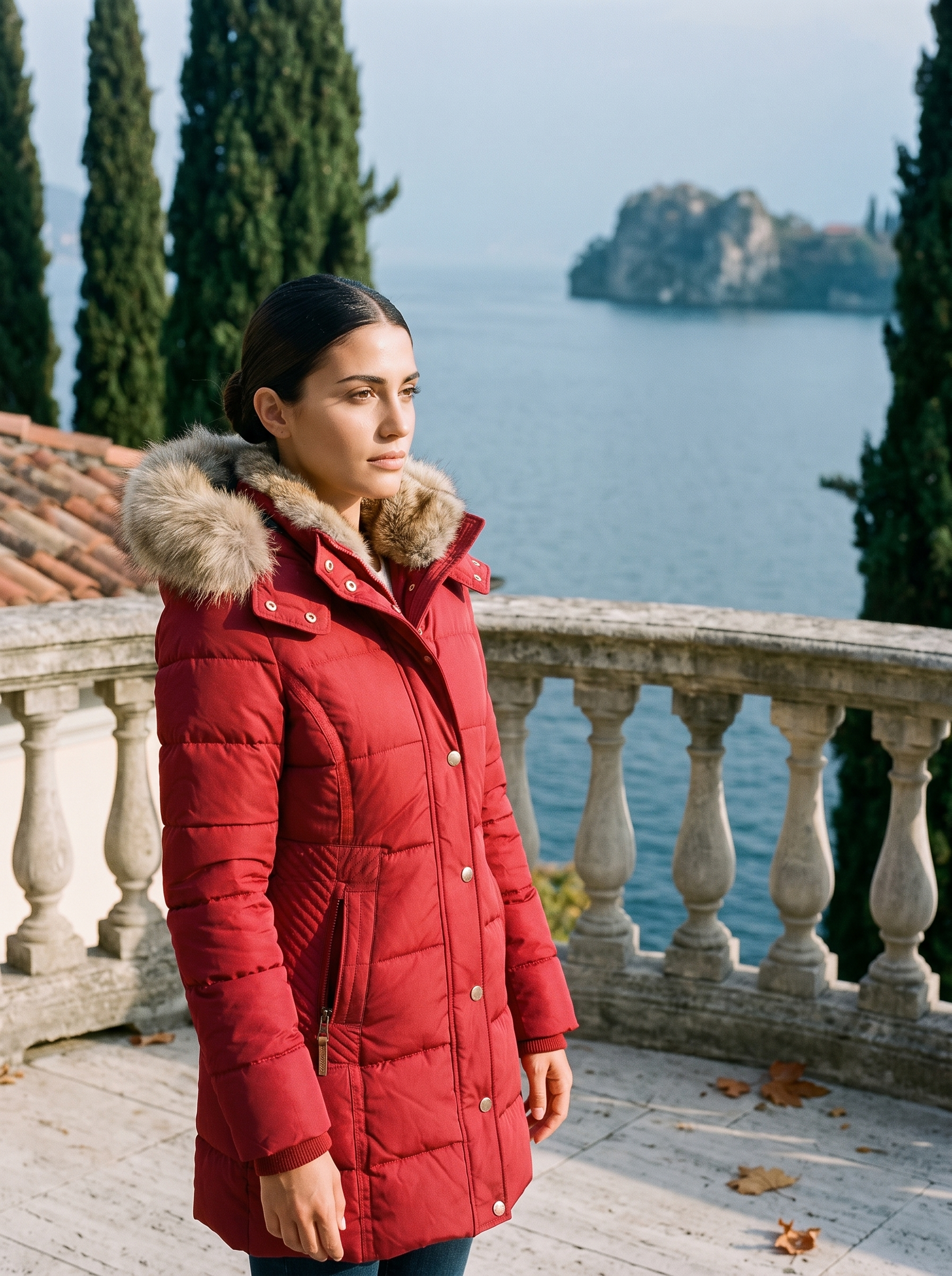 Red long puffer coat for women, worn on a Lake Como terrace — Aveloire