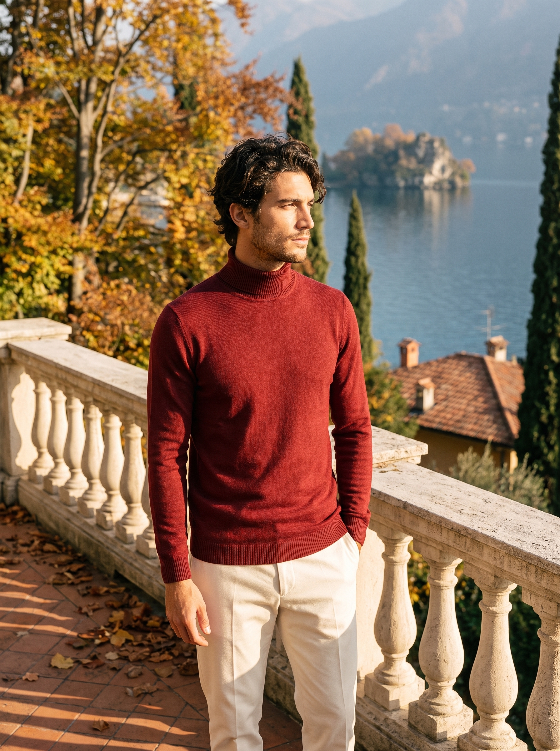 Red wool turtleneck sweater for men, front view — Aveloire