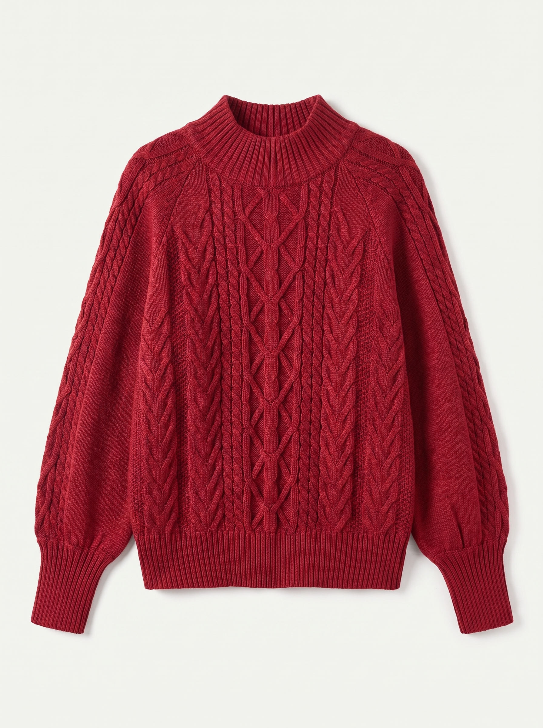 Red cable knit mock neck sweater flat lay product photo — Aveloire