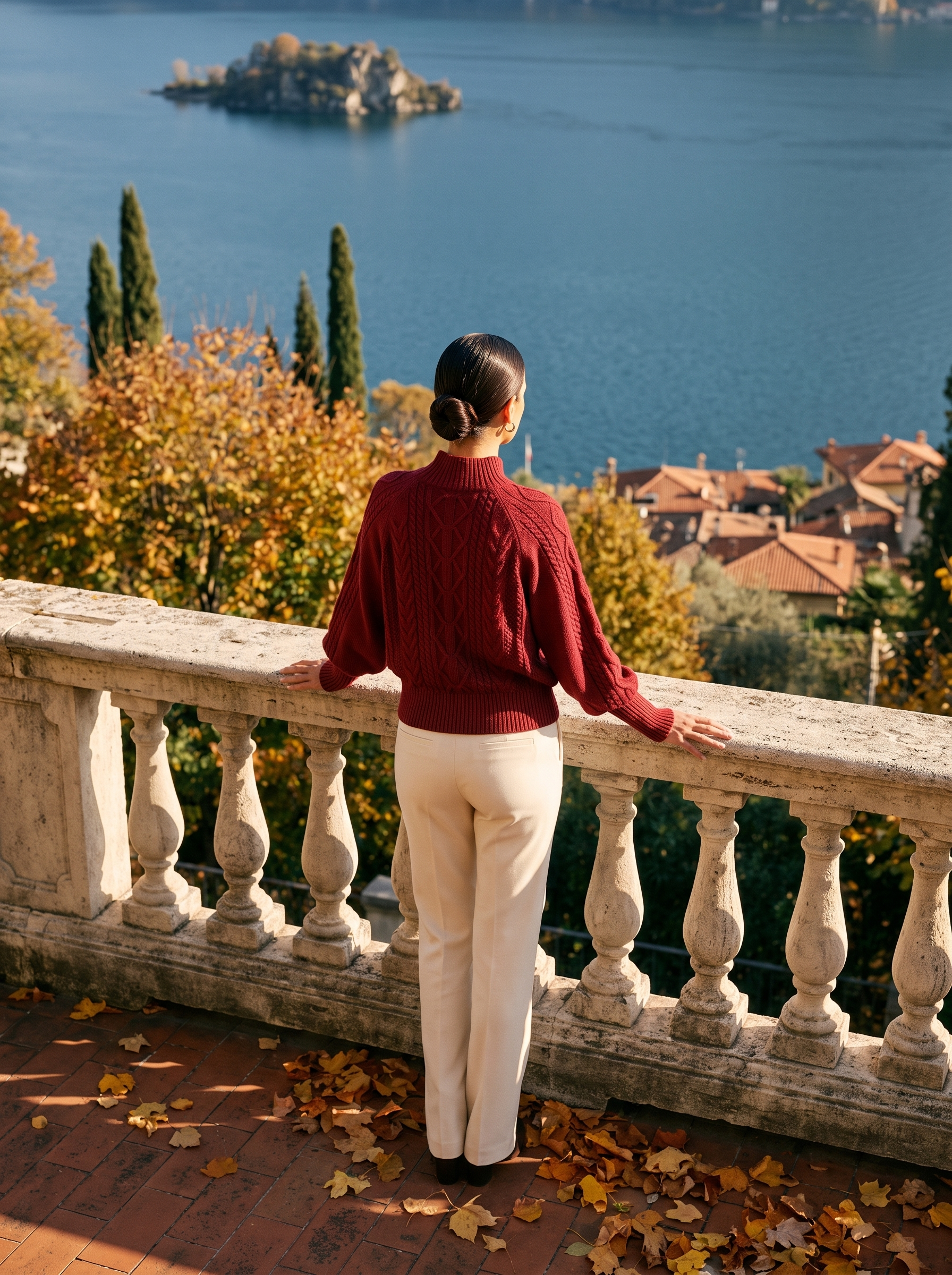 Red cable knit mock neck sweater, back view — Aveloire