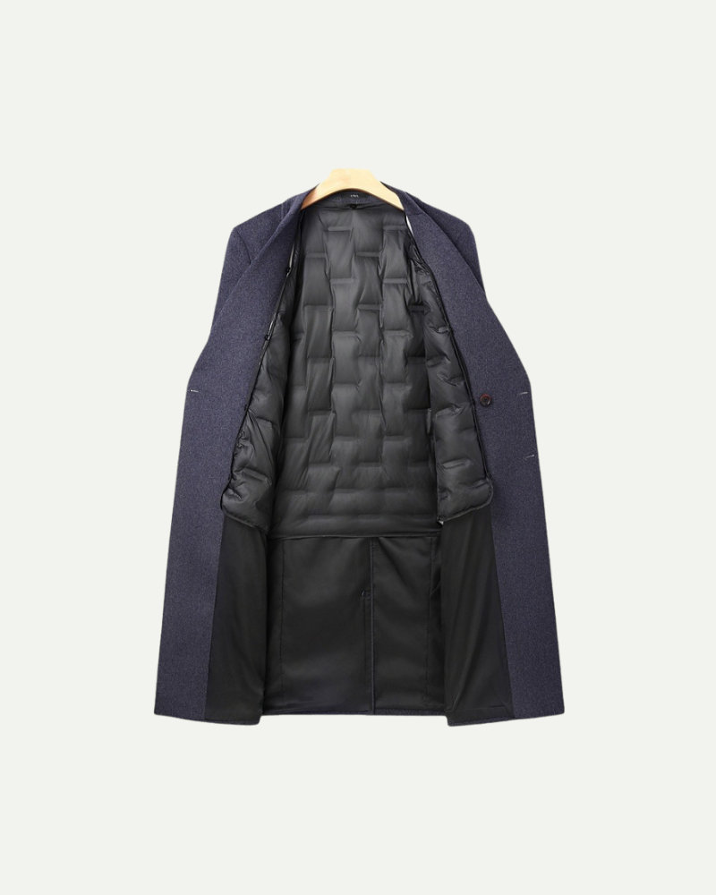 Navy double breasted wool coat for men, shown open with the quilted inner lining — Aveloire