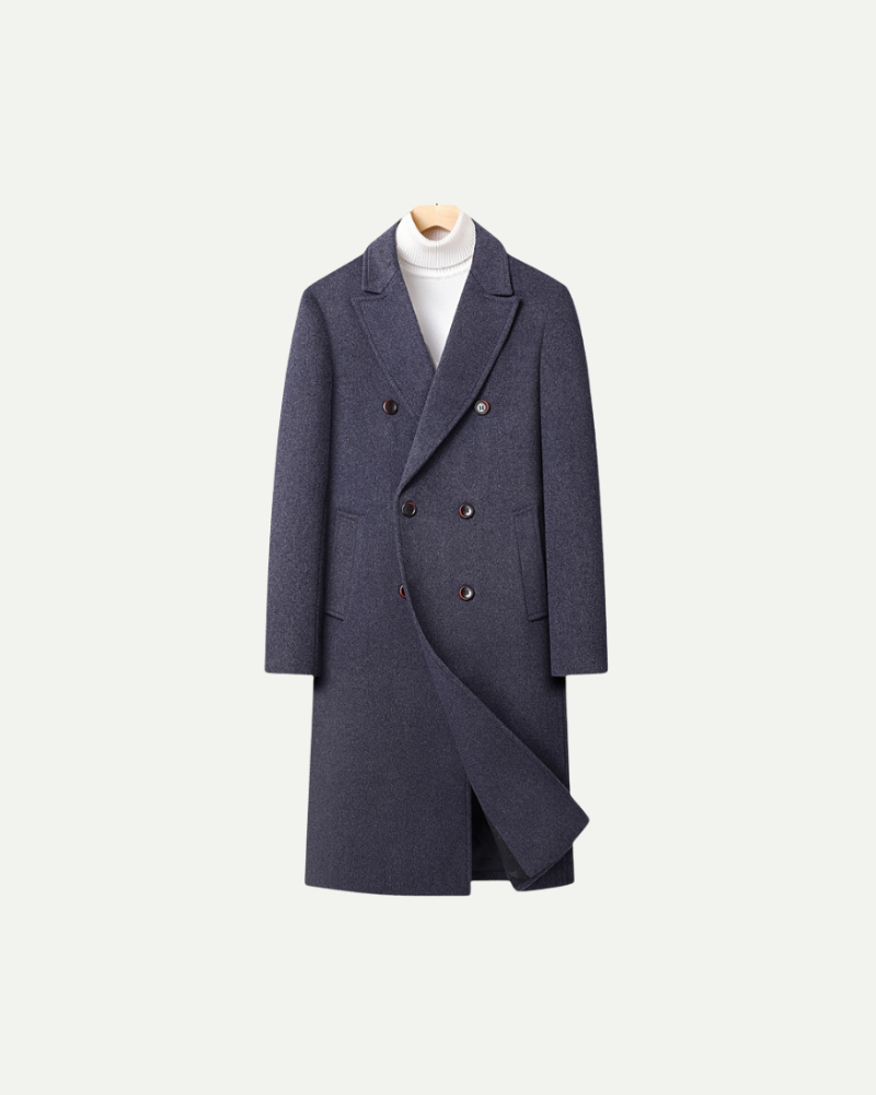 Navy double breasted wool coat for men, front product shot on a neutral background — Aveloire