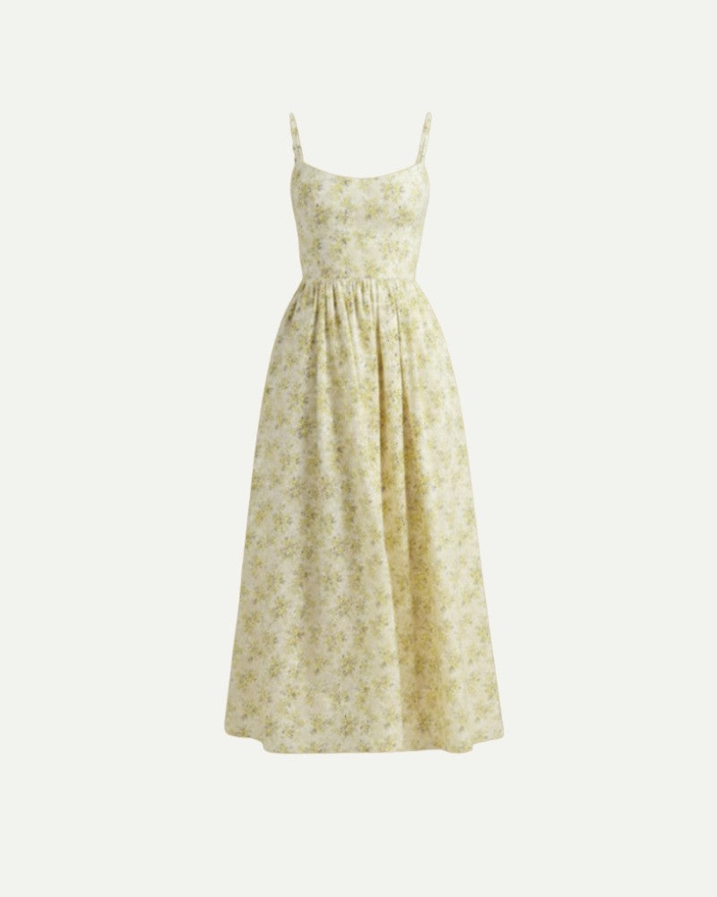Women's Floral A-Line Midi Dress in Yellow – Strap Bodice, A-Line | Aveloire