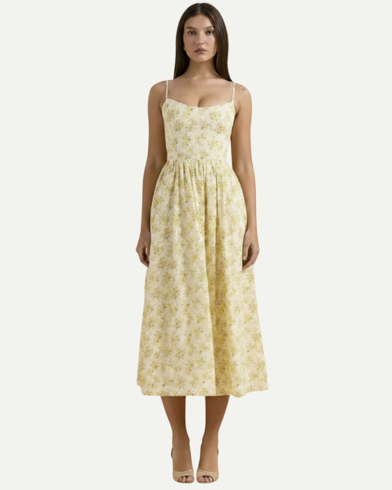 Women's Floral A-Line Midi Dress in Yellow – Strap Bodice, A-Line | Aveloire