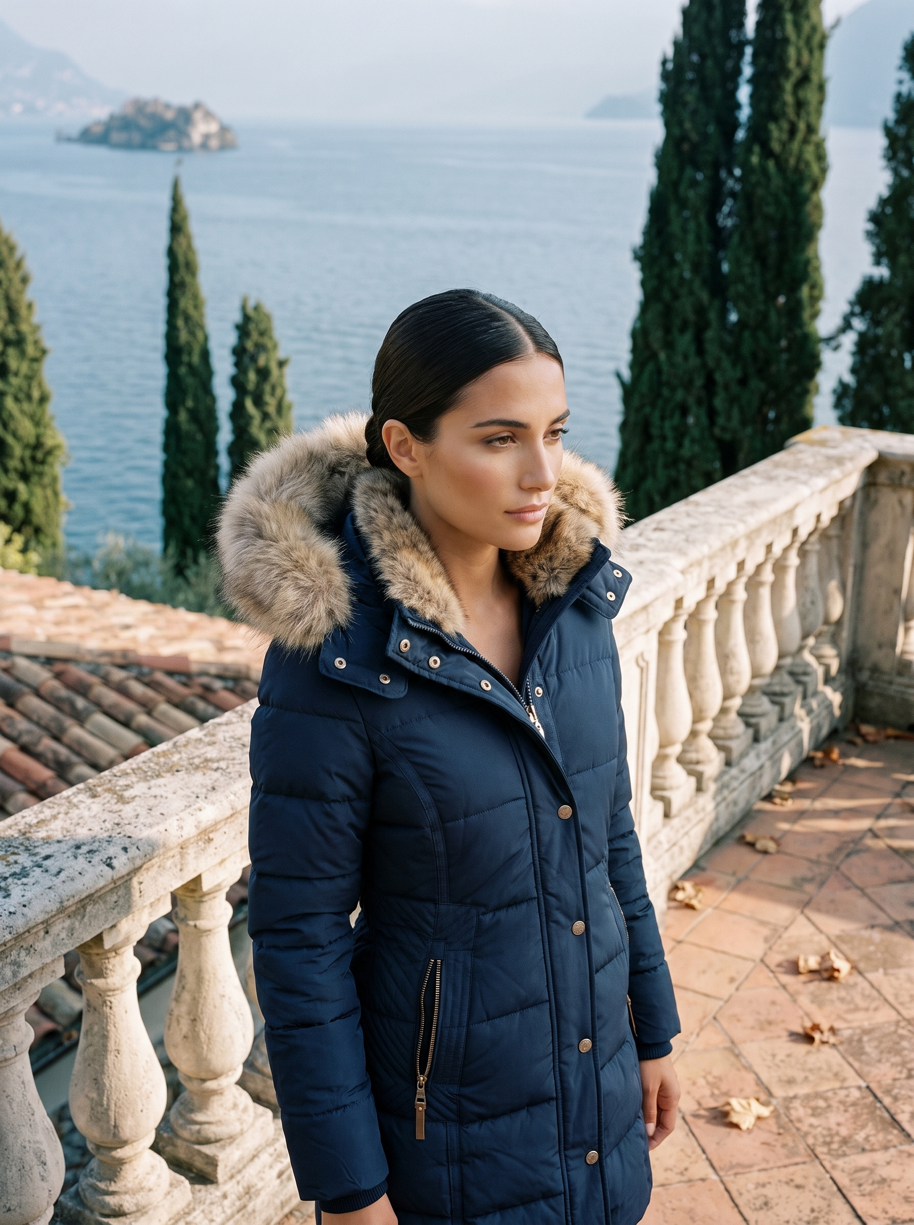 Navy long puffer coat for women, worn on a Lake Como terrace — Aveloire