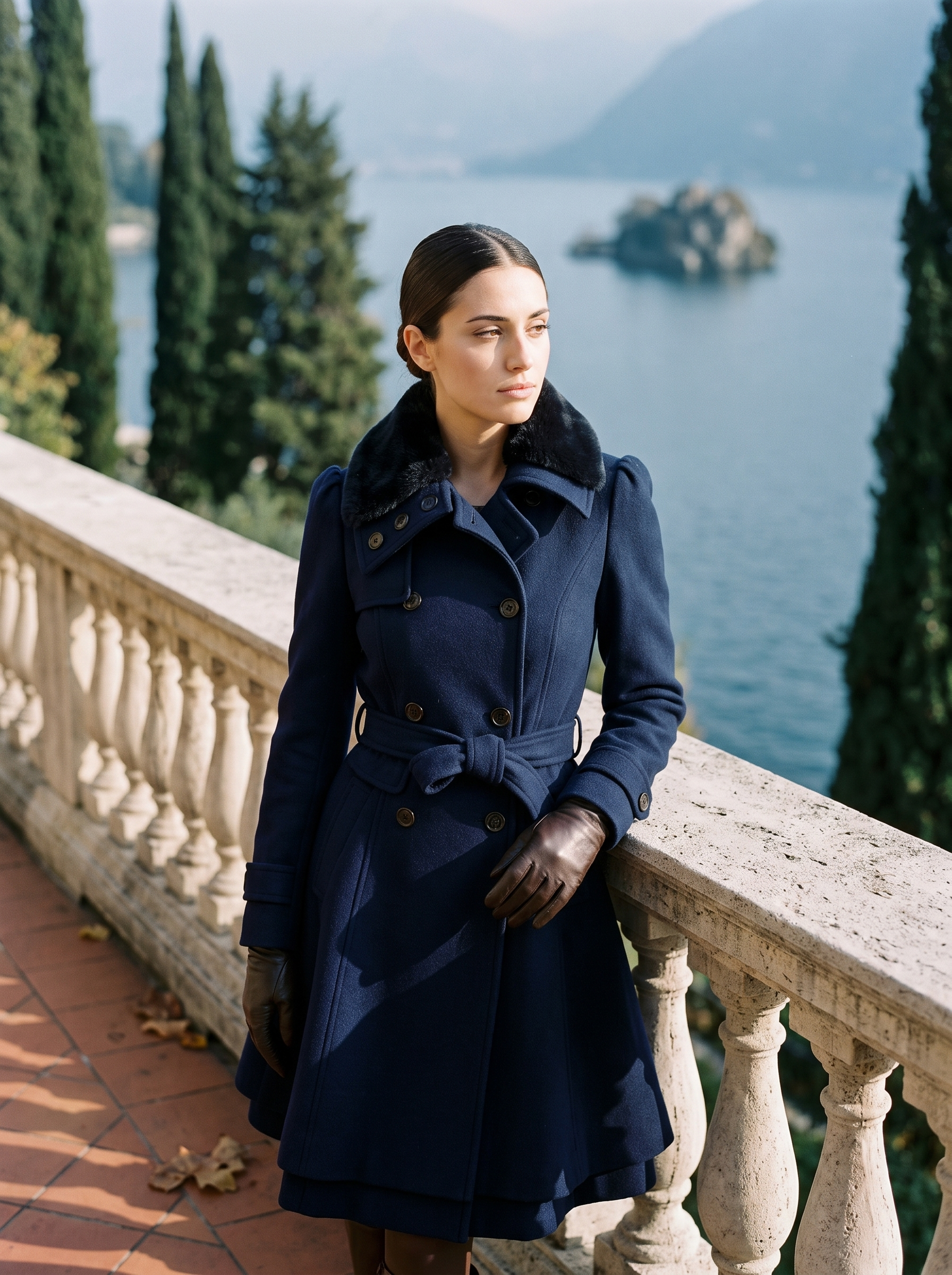 Navy faux fur collar coat for women, worn on a Lake Como terrace — Aveloire