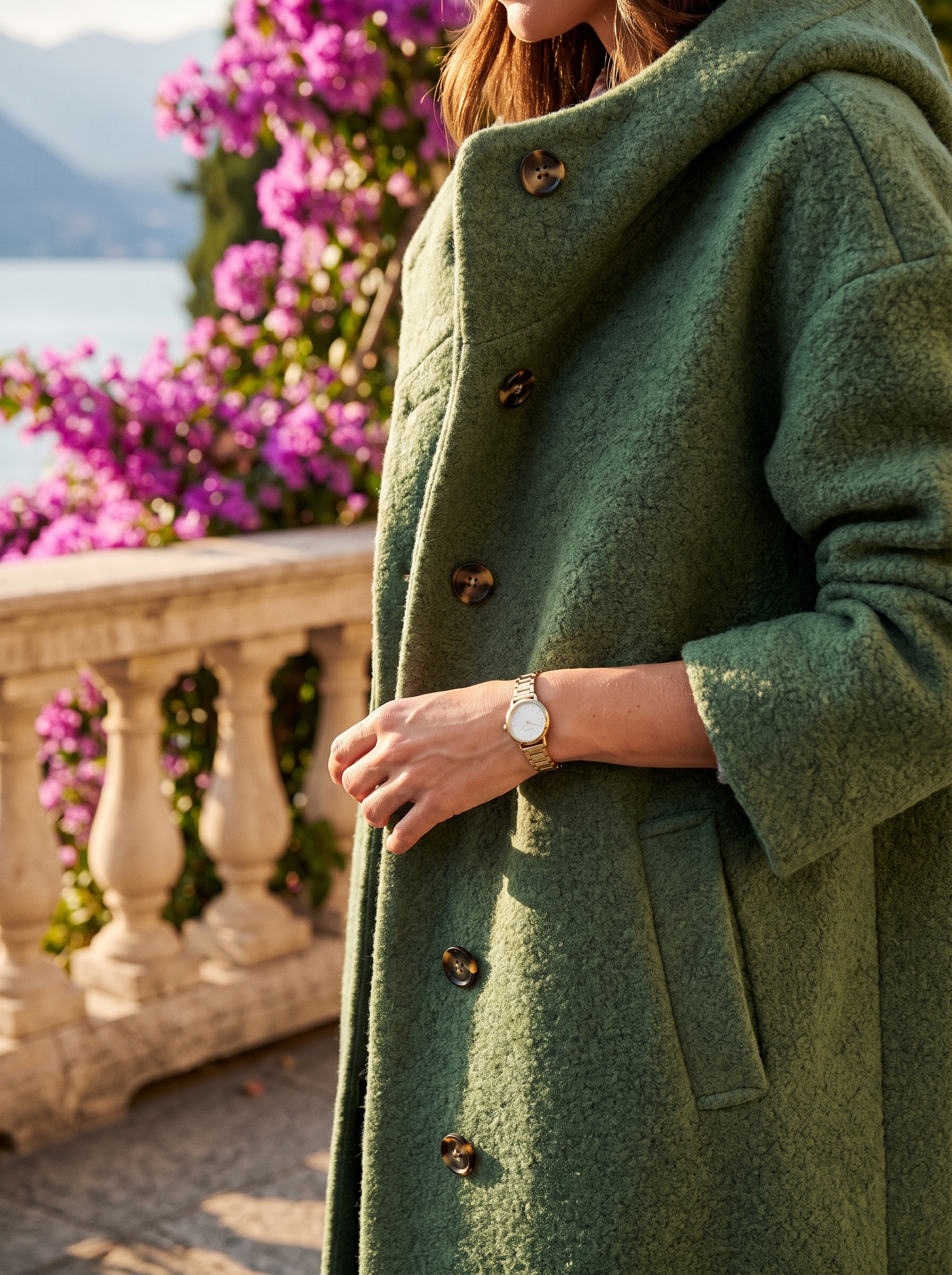 Close-up of the buttons and boucle texture of a green hooded wool coat — Aveloire