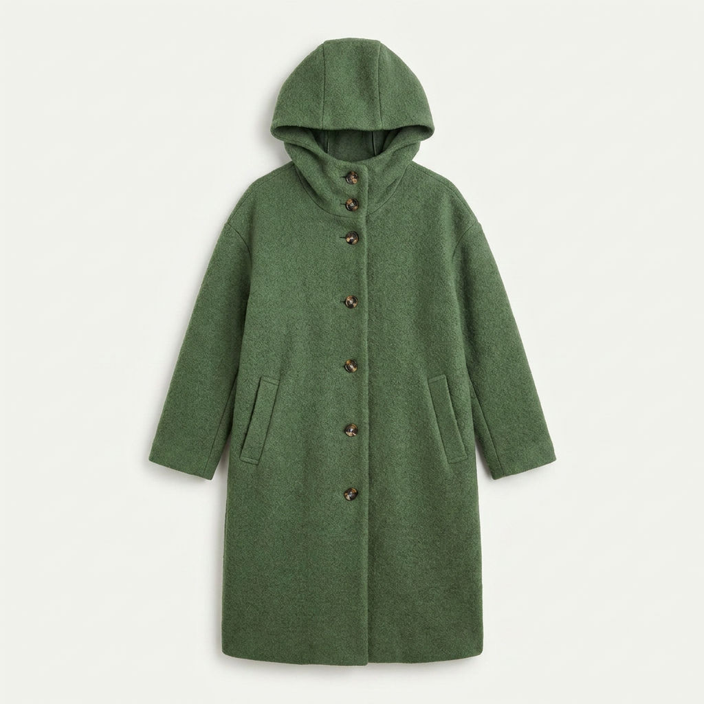 Green hooded wool longline coat flat lay product photo — Solange by Aveloire
