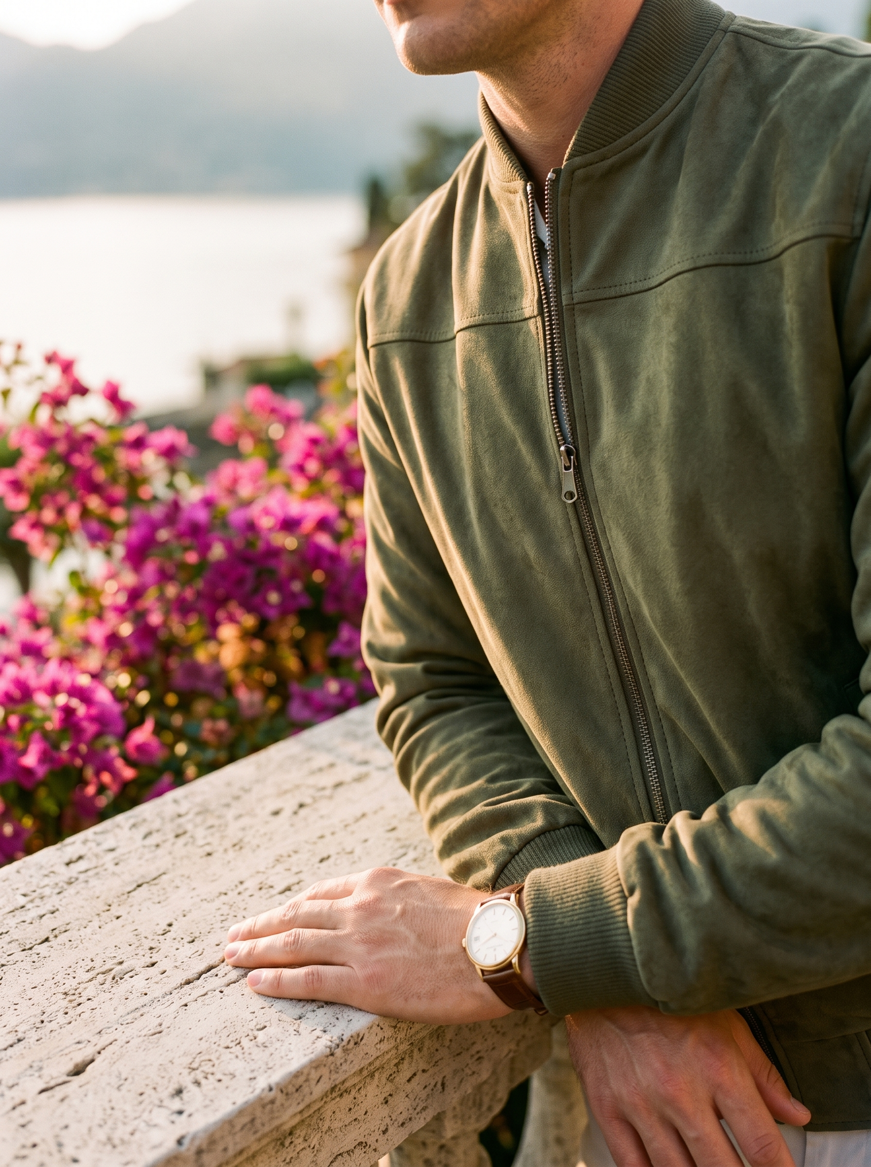 Green suede zip jacket collar and zip detail with gold watch, Lake Como, old money style — Aveloire