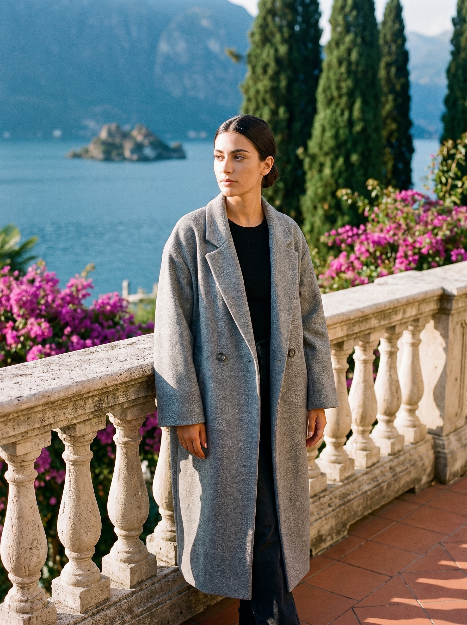 Heather grey oversized longline wool coat full length front view