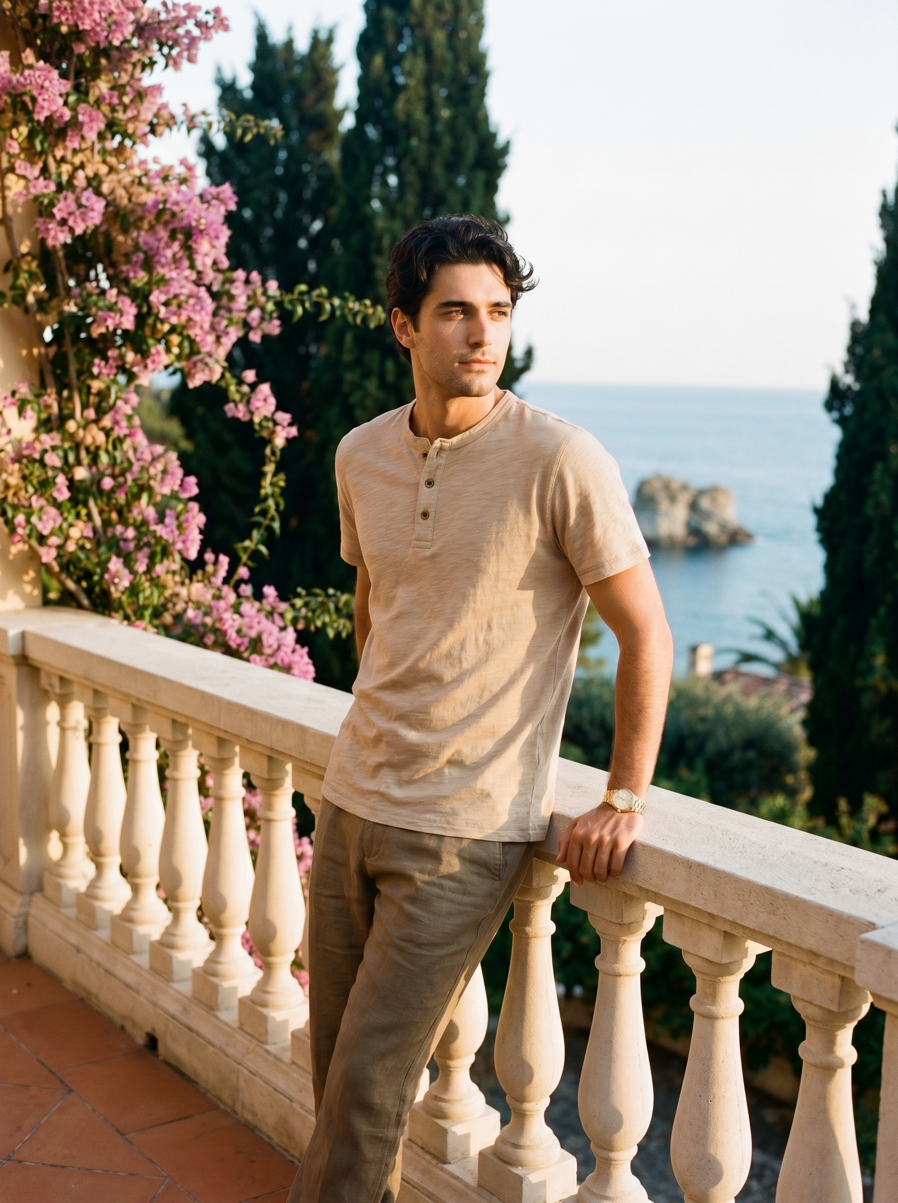Aveloire Léopold Slub Cotton Henley in Beige — Italian Riviera editorial