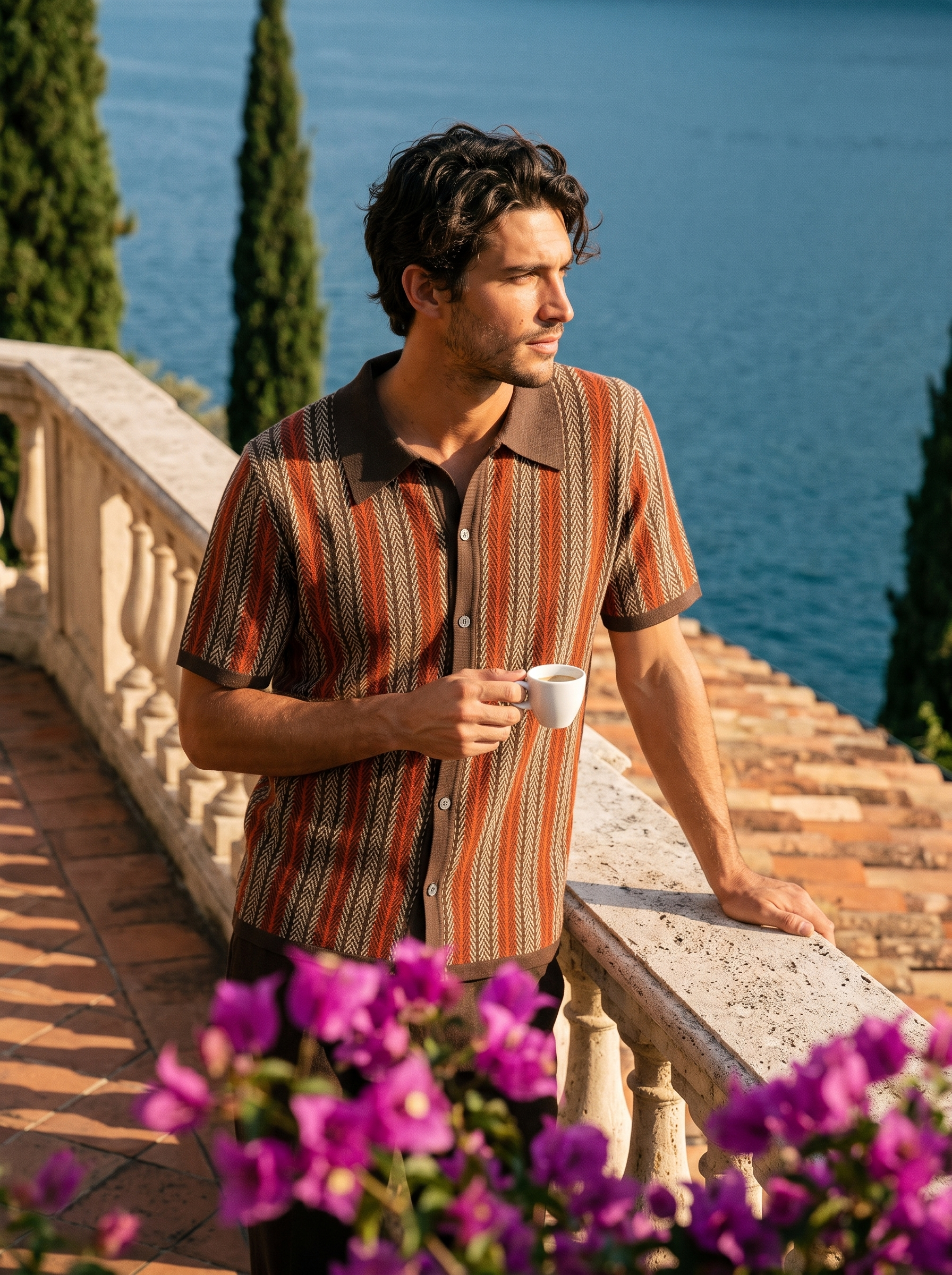 Man in a brown striped knit button polo with an espresso on a Lake Como terrace, old money lifestyle — Aveloire