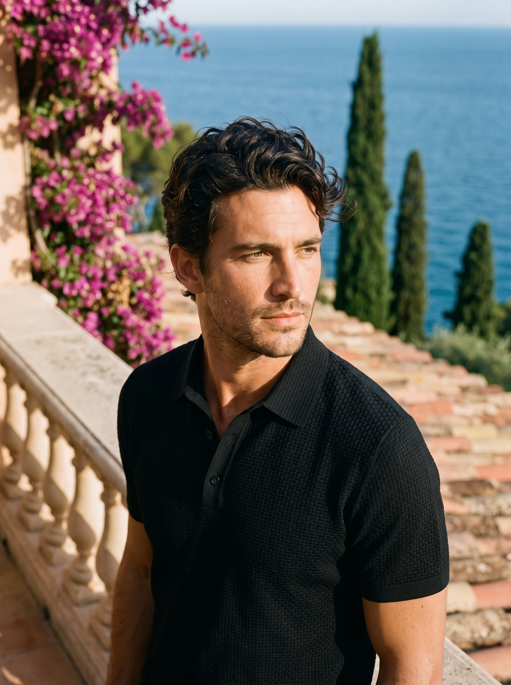 Man wearing a black basketweave knit polo on a balcony overlooking Lake Como, old money style — Aveloire