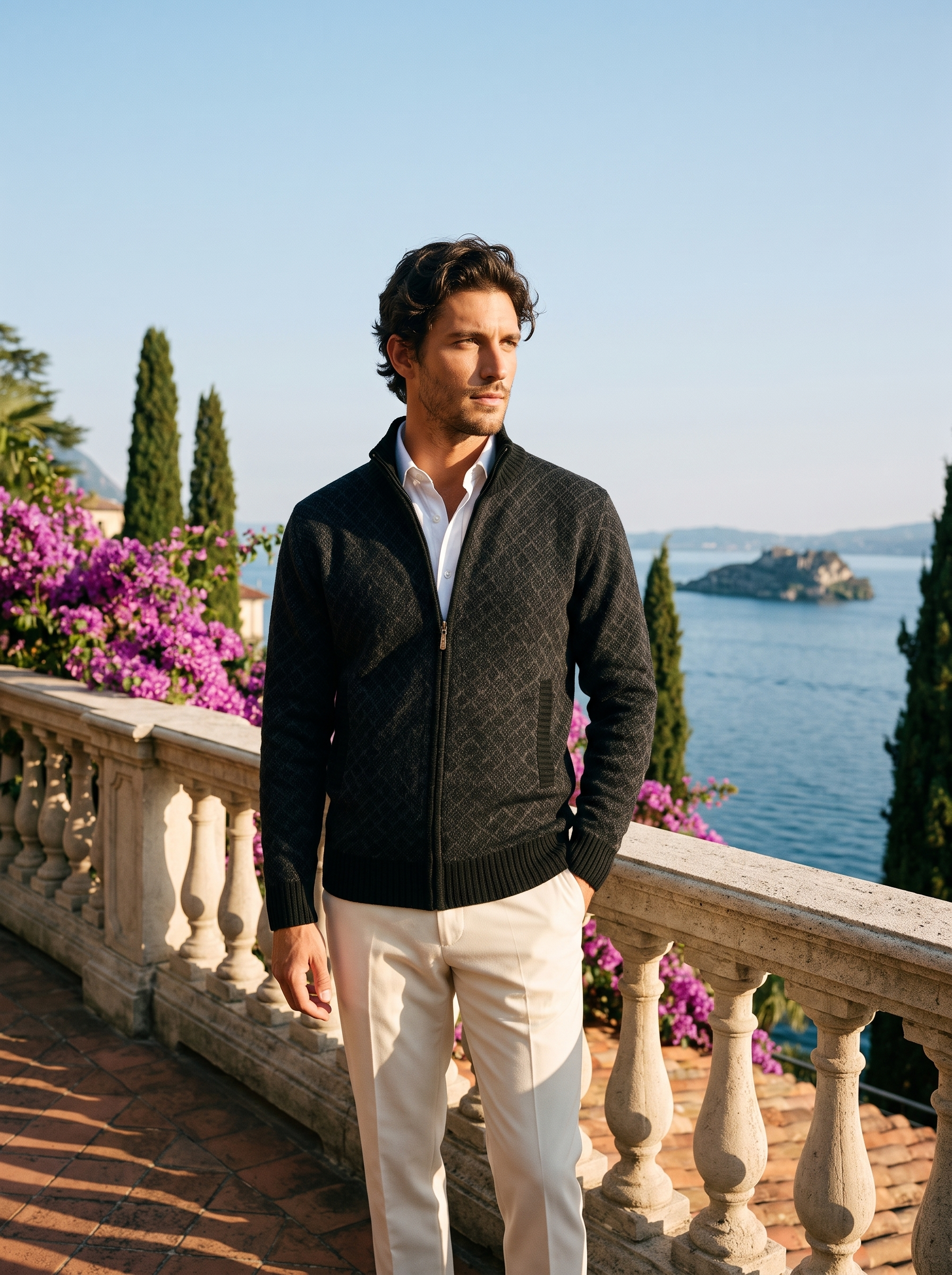 Full body view of a man in a black zip-up cardigan and cream trousers on a Lake Como terrace — Aveloire
