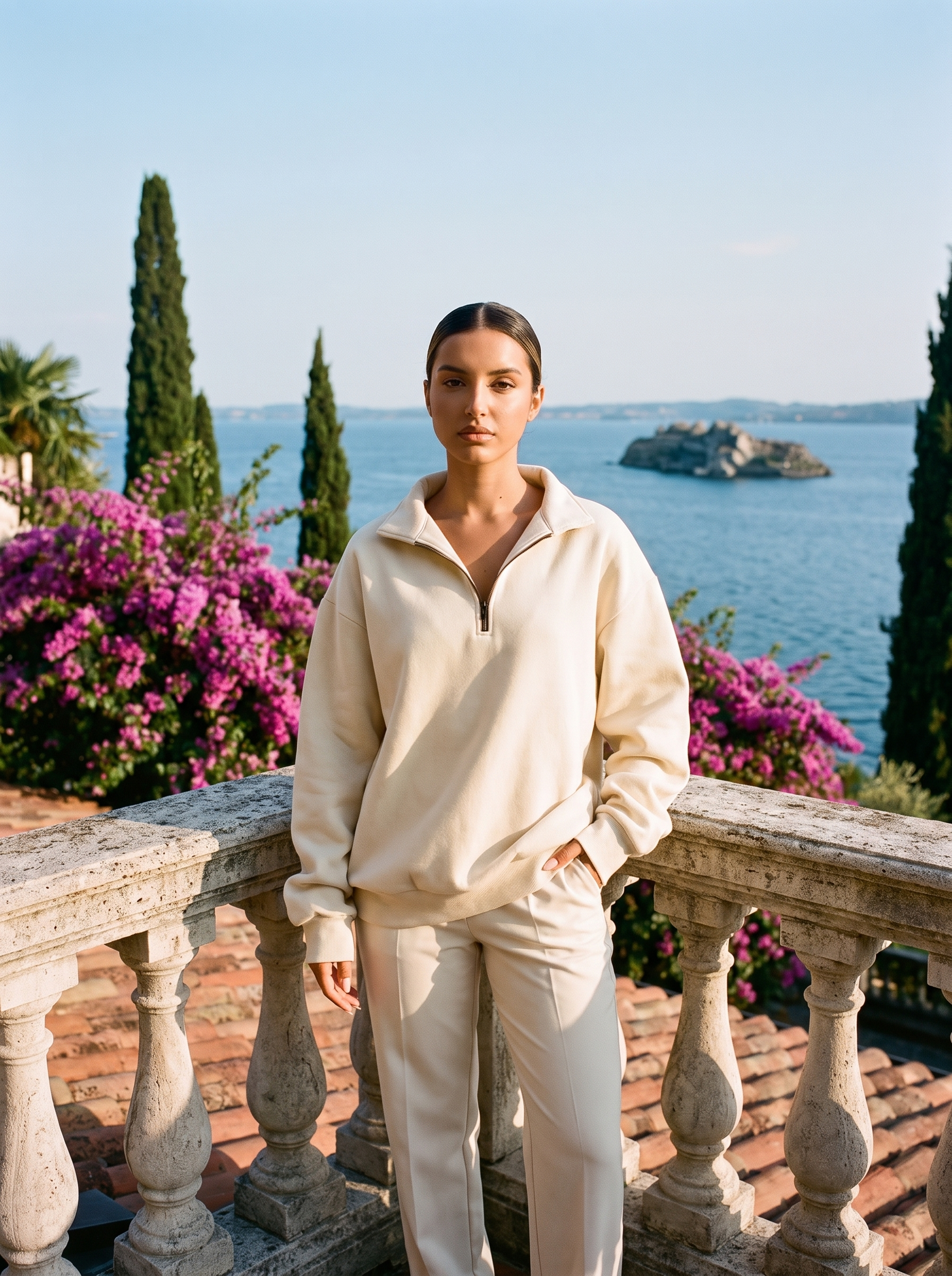 Full-length view of a cream half-zip oversized sweatshirt on a Lake Como terrace — Aveloire