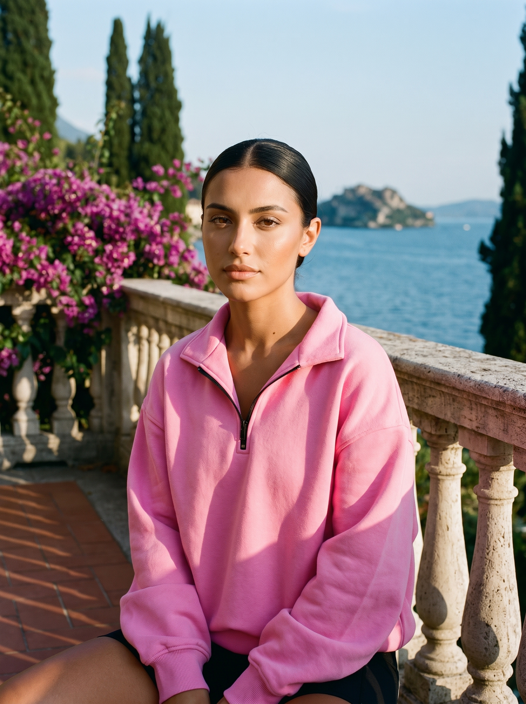 Woman wearing a rose pink half-zip oversized sweatshirt on a Lake Como terrace — Aveloire