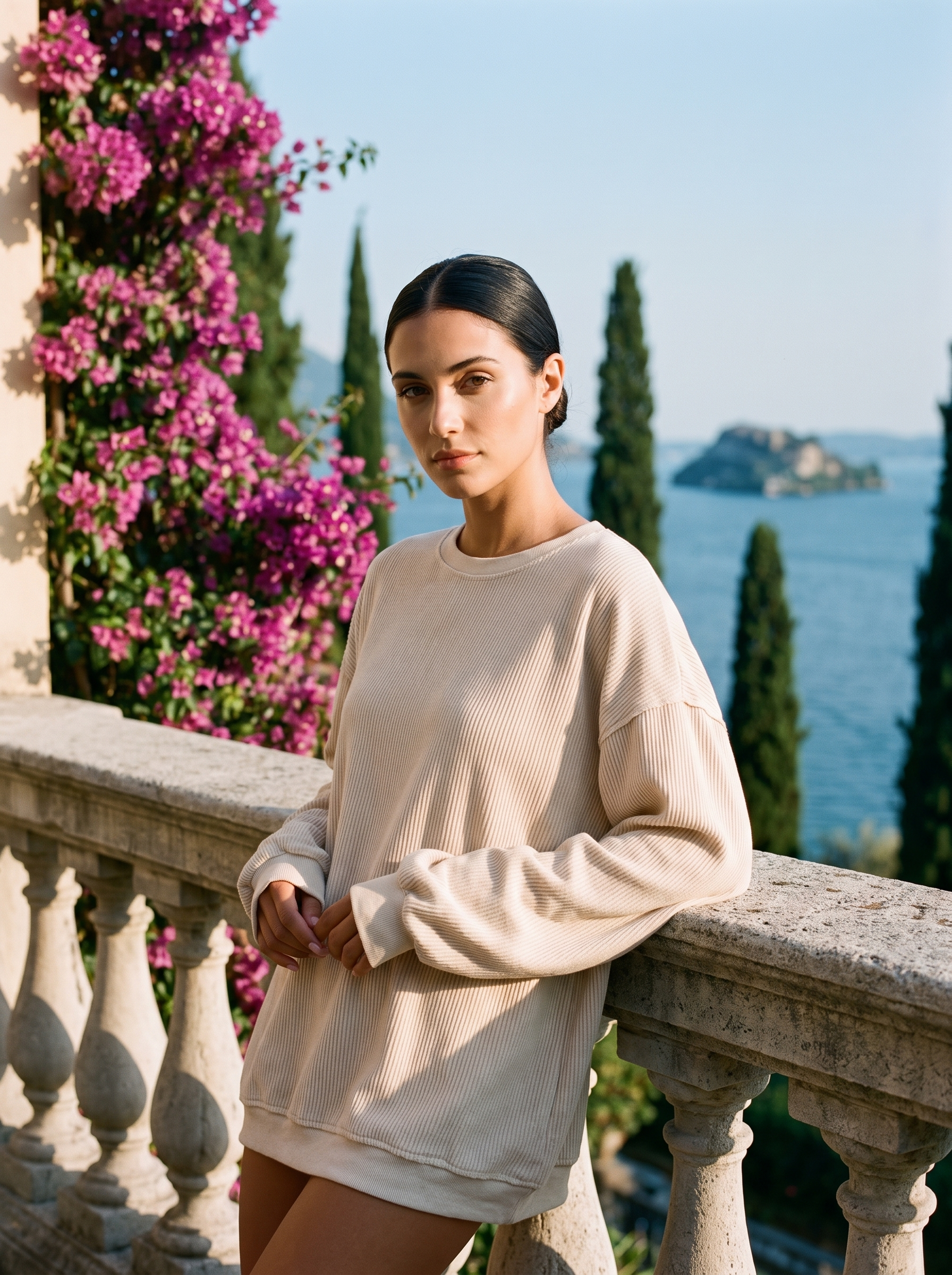 Woman wearing a cream corded oversized sweatshirt on a Lake Como terrace, old money style — Aveloire