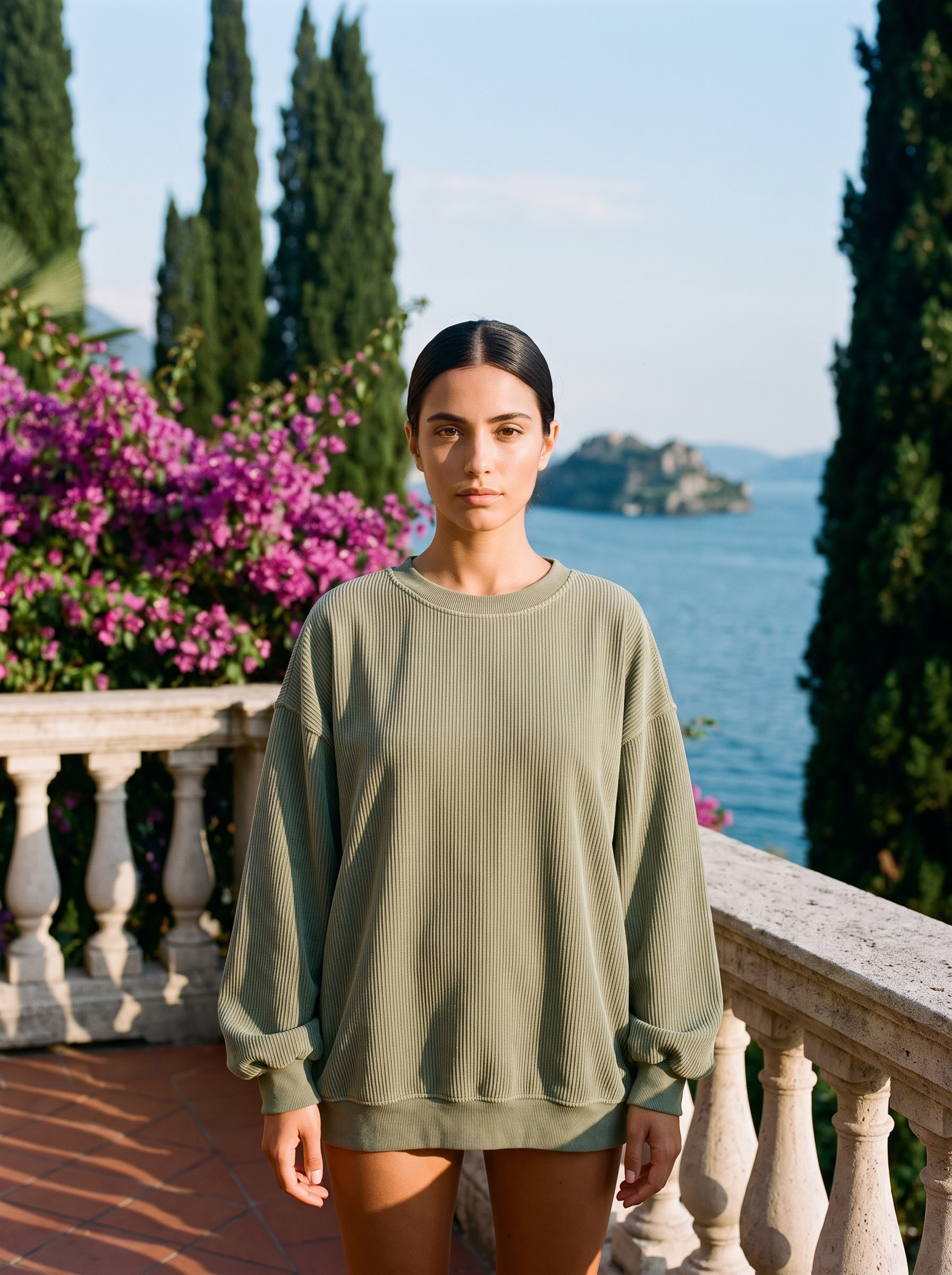 Woman wearing a sage olive corded oversized sweatshirt on a Lake Como terrace — Aveloire