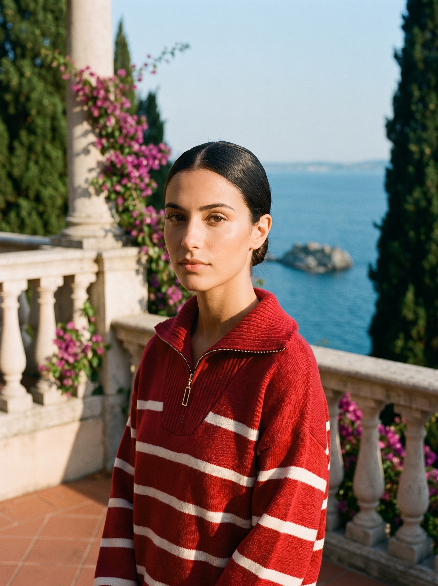 Woman wearing a red and cream striped quarter-zip polo sweater on a Lake Como terrace — Aveloire