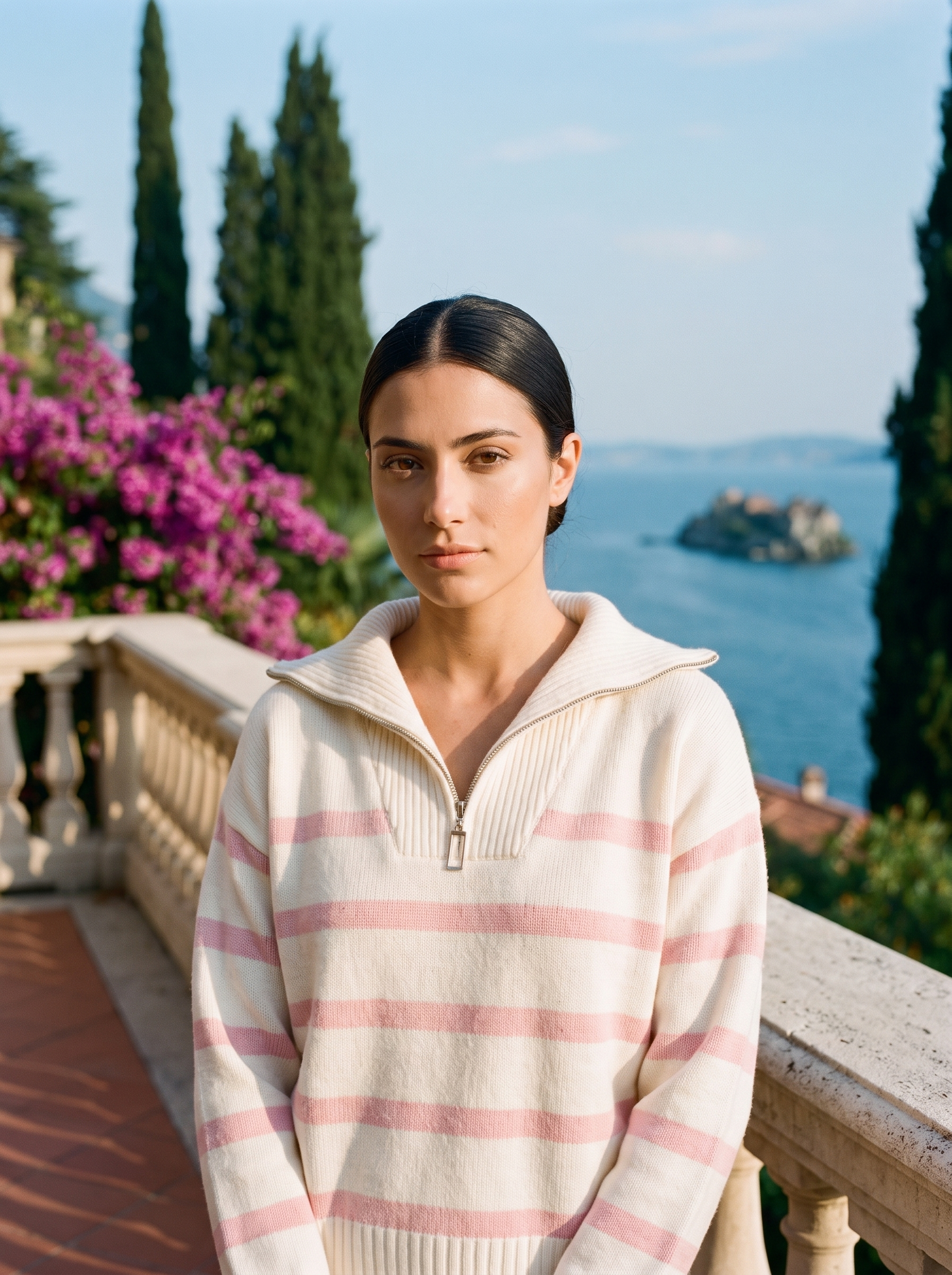 Woman wearing a cream and pale pink striped quarter-zip polo sweater on a Lake Como terrace — Aveloire