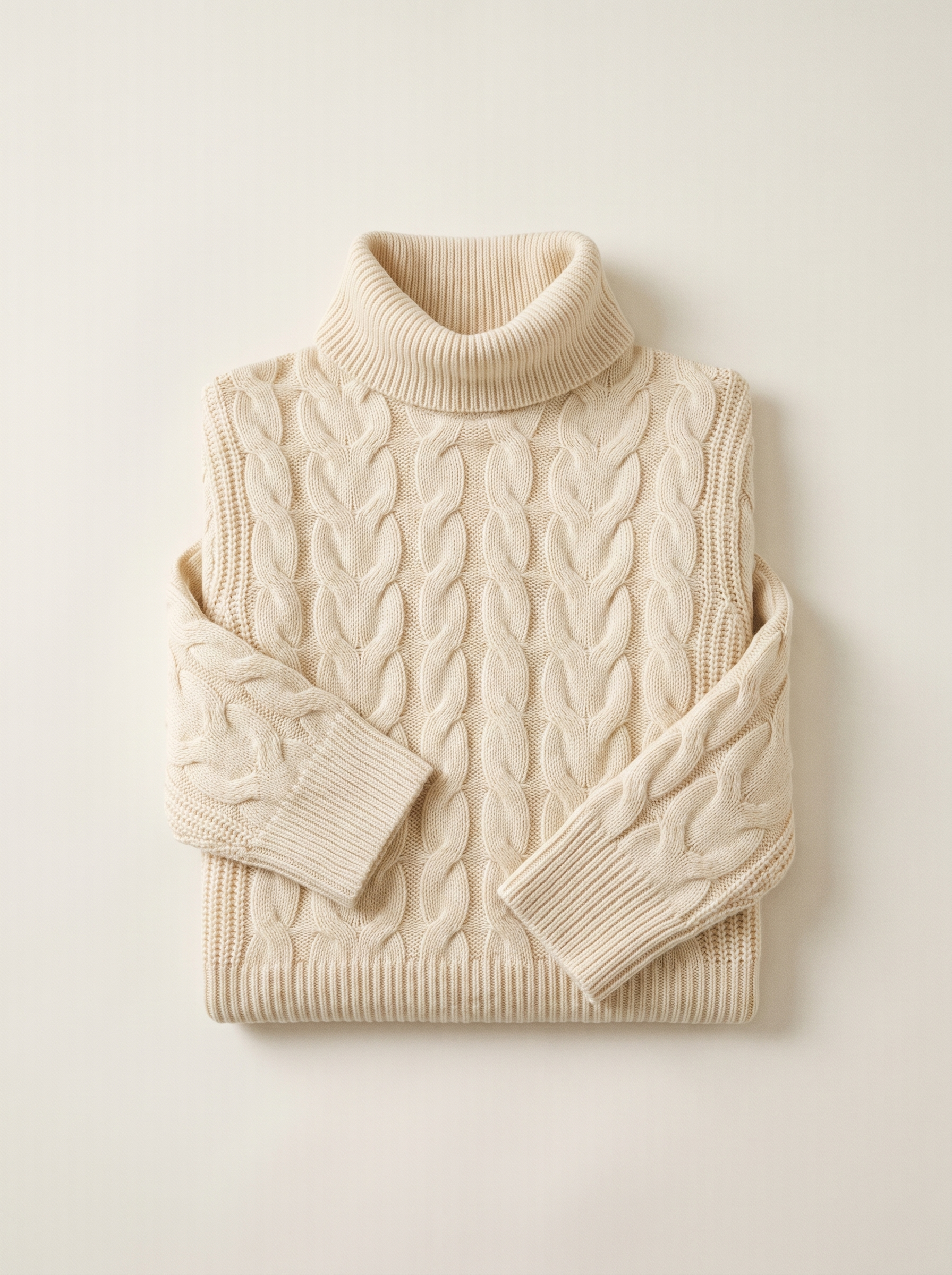 Cream cable-knit turtleneck sweater flat lay product photo — Aveloire