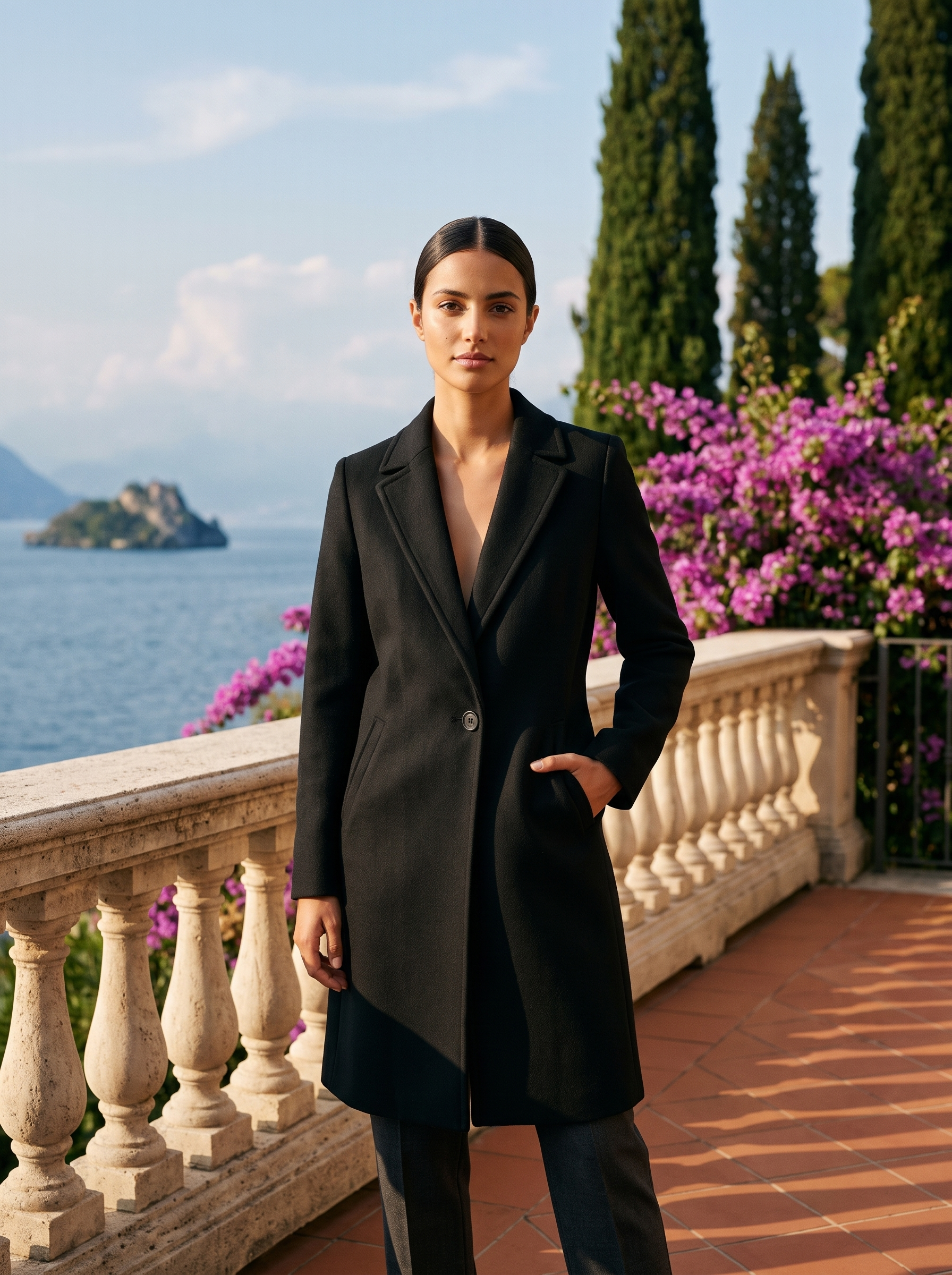 Woman wearing a black single-button longline wool coat on a Lake Como terrace, old money style — Aveloire