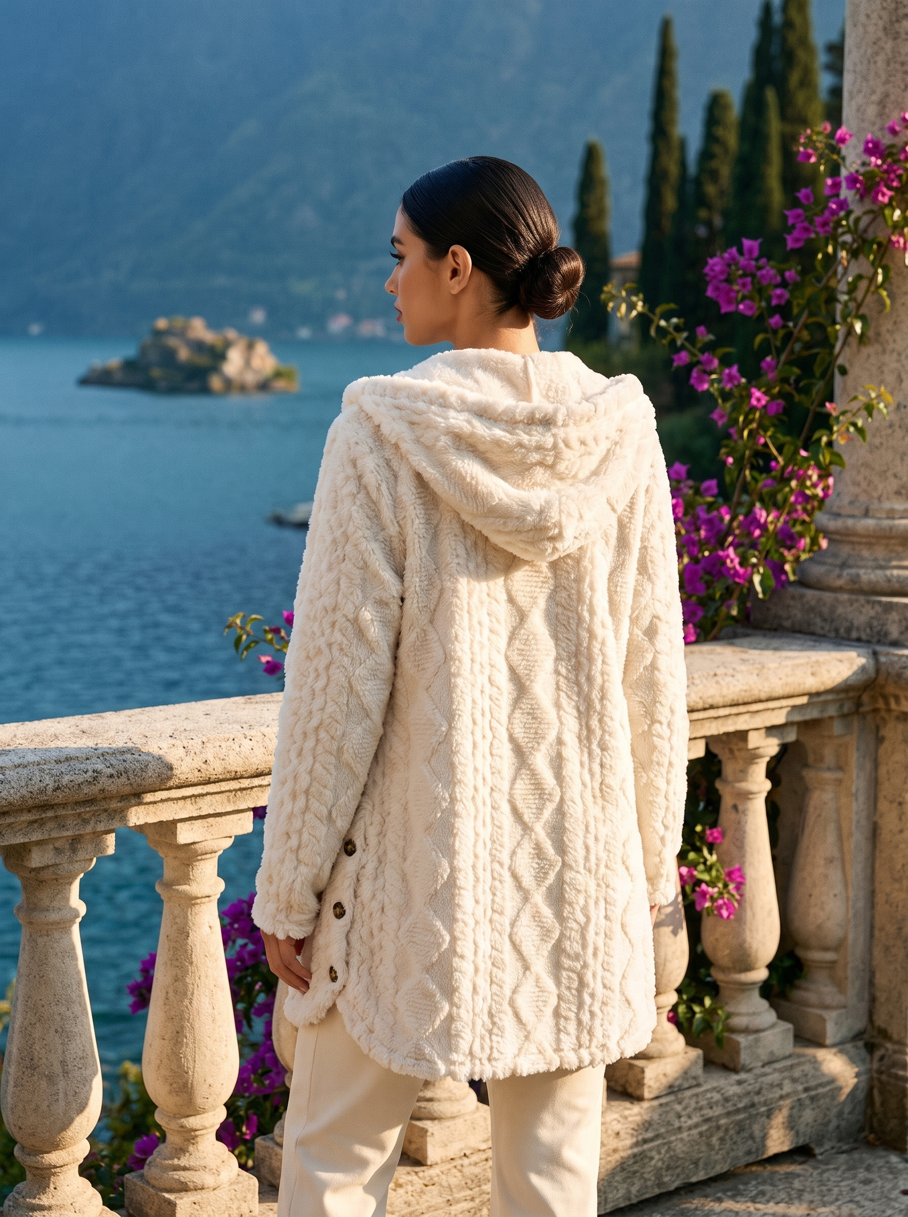 Back view of an ivory plush hooded longline cardigan on a Lake Como terrace — Aveloire