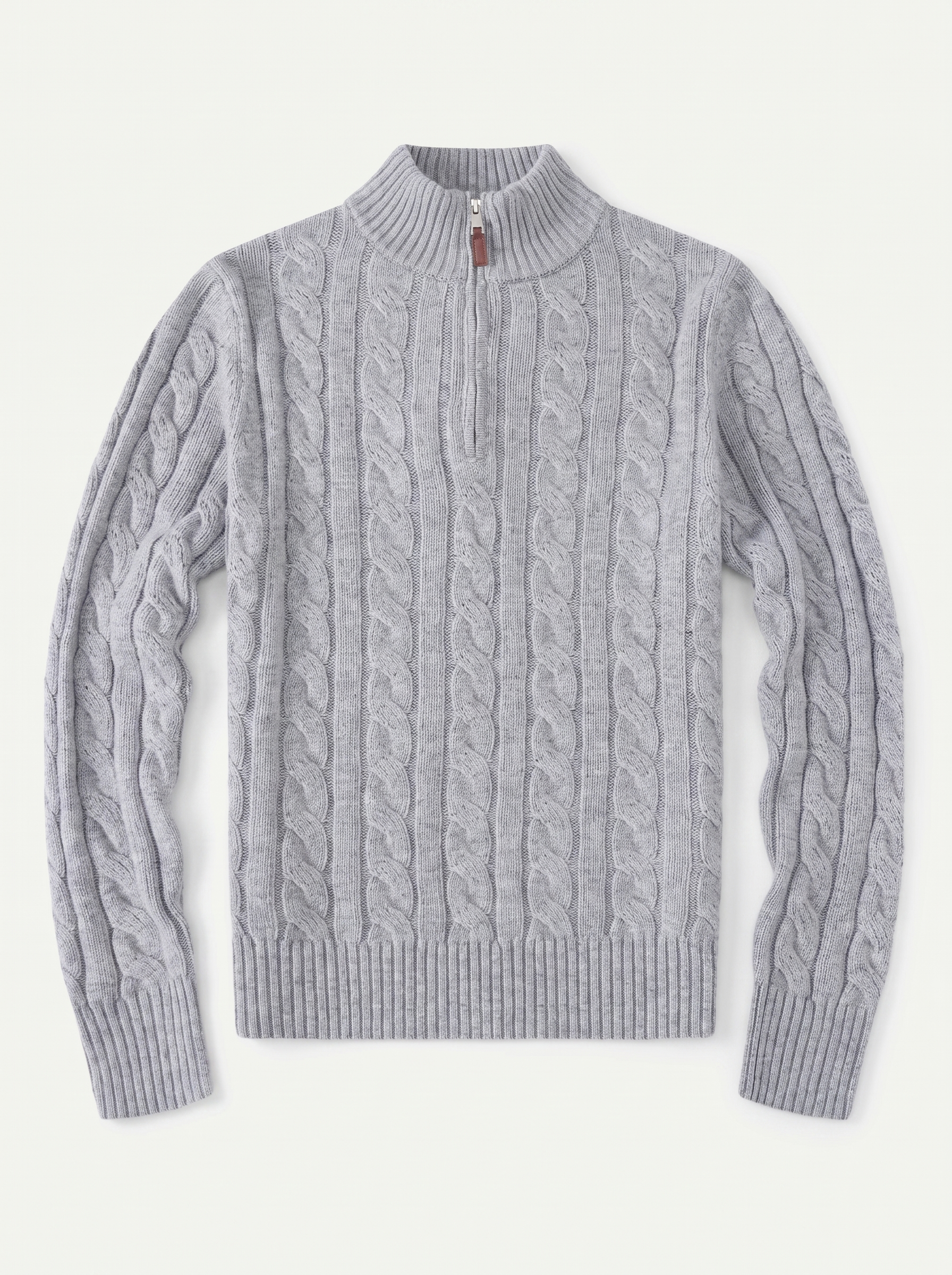 Light gray wool quarter zip mock neck sweater flat lay product photo — Aveloire