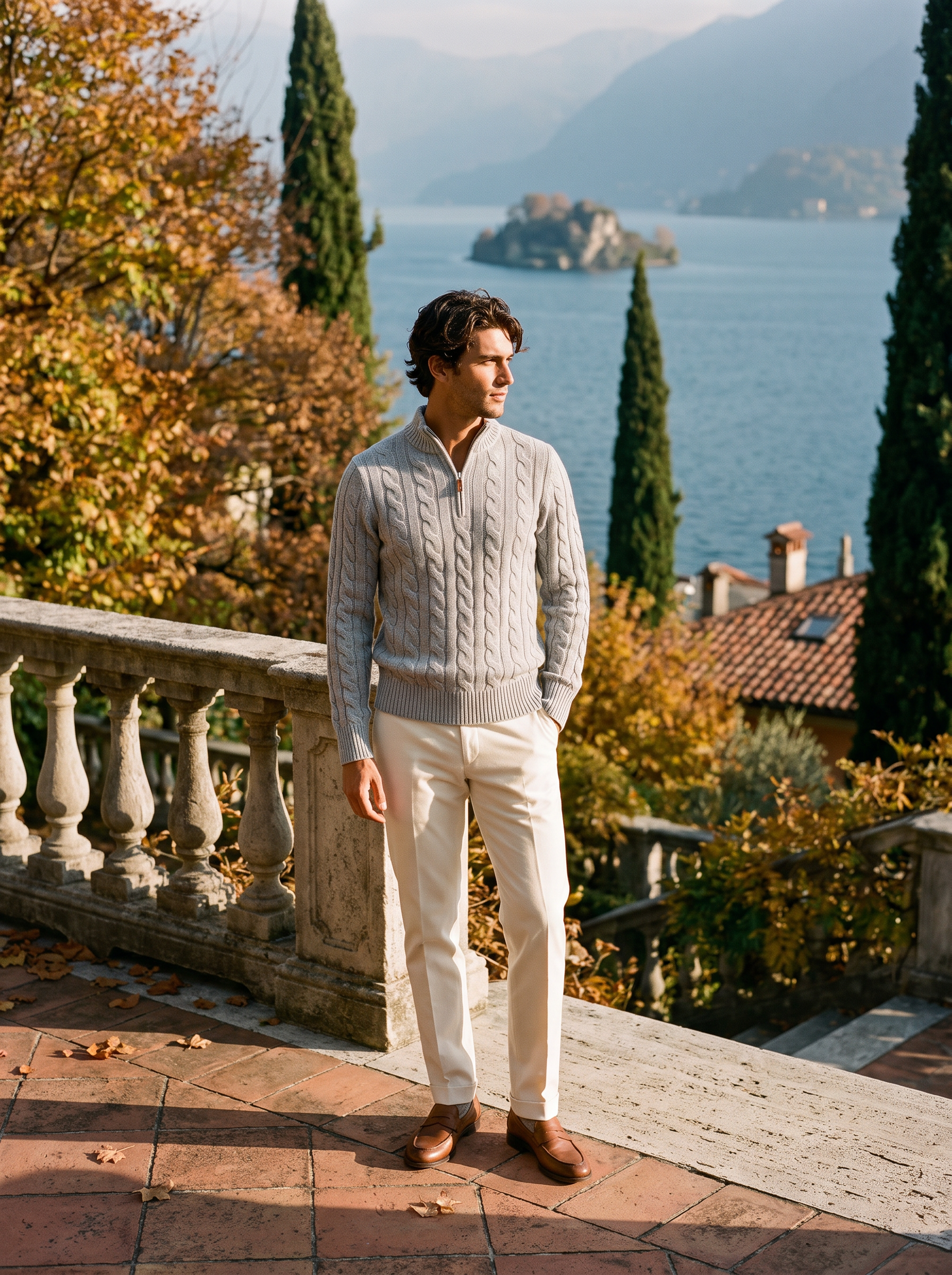 Man wearing a light gray wool quarter zip mock neck sweater, full length front view — Aveloire
