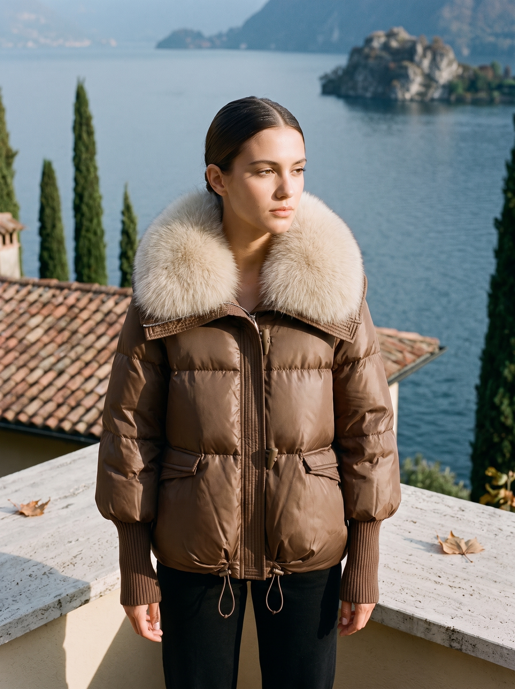Cocoa brown faux fur collar puffer jacket for women, worn on a Lake Como terrace — Aveloire