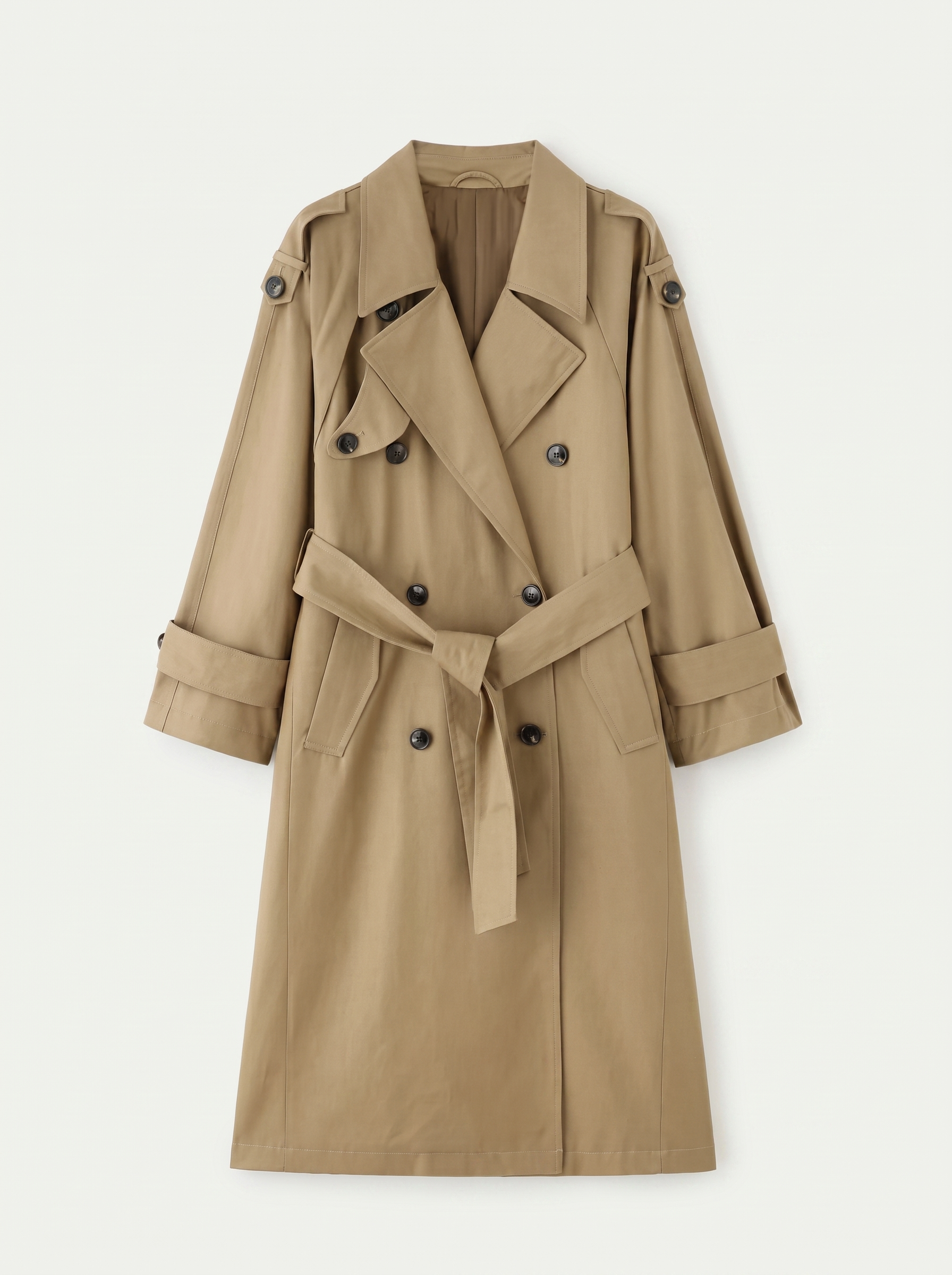 Khaki oversized double-breasted belted trench coat flat lay
