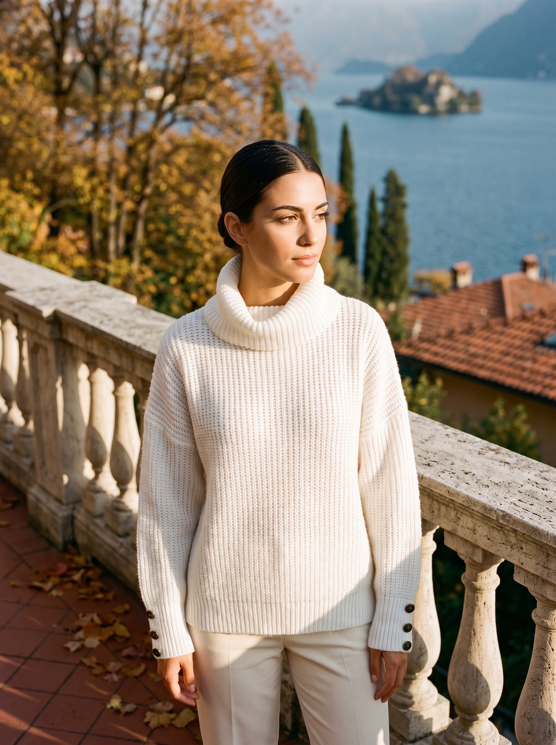 Woman wearing a white oversized chunky knit turtleneck sweater by Lake Como - Aveloire