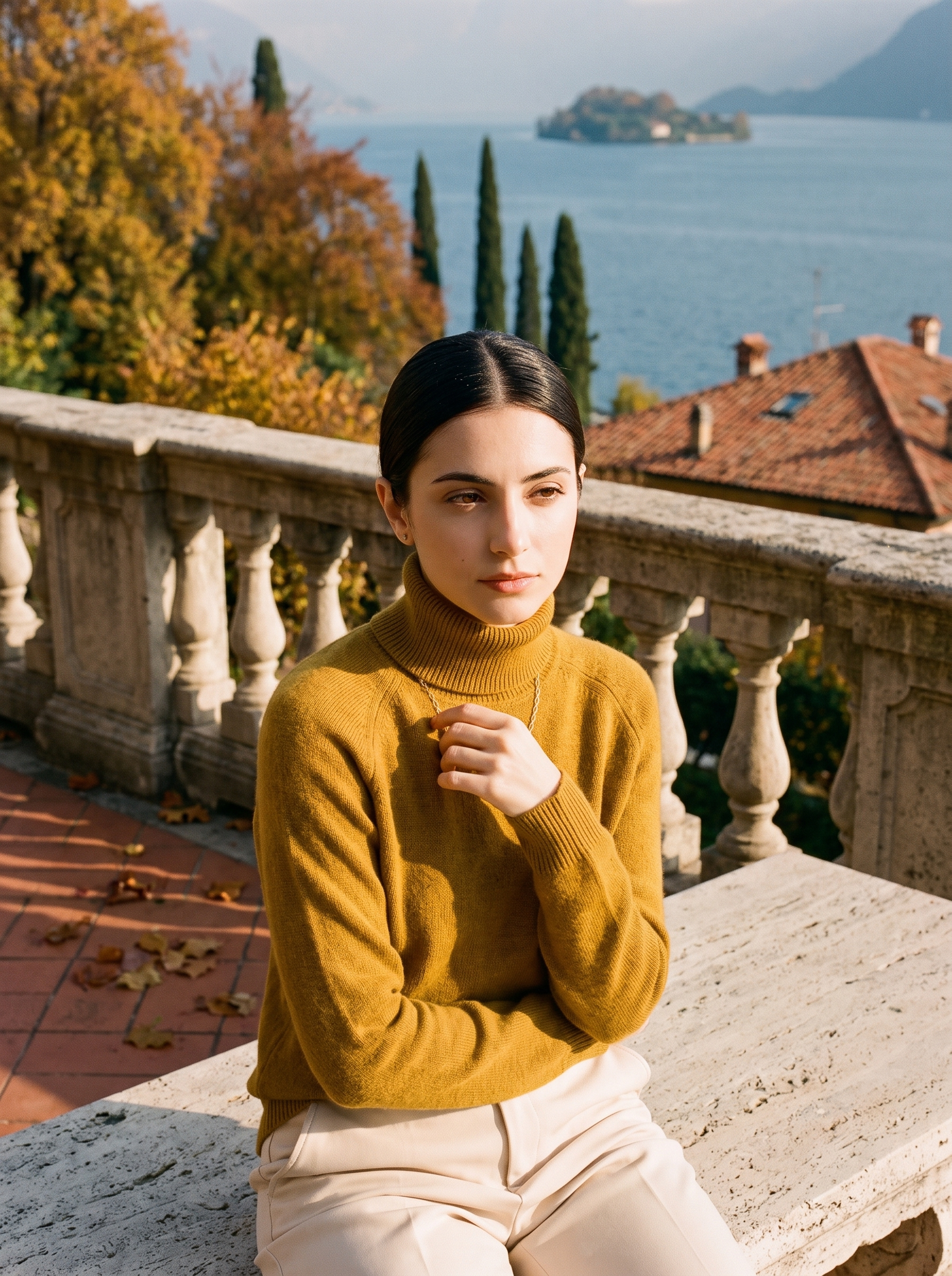 Woman wearing a dark yellow mustard women's turtleneck sweater by Lake Como - Aveloire