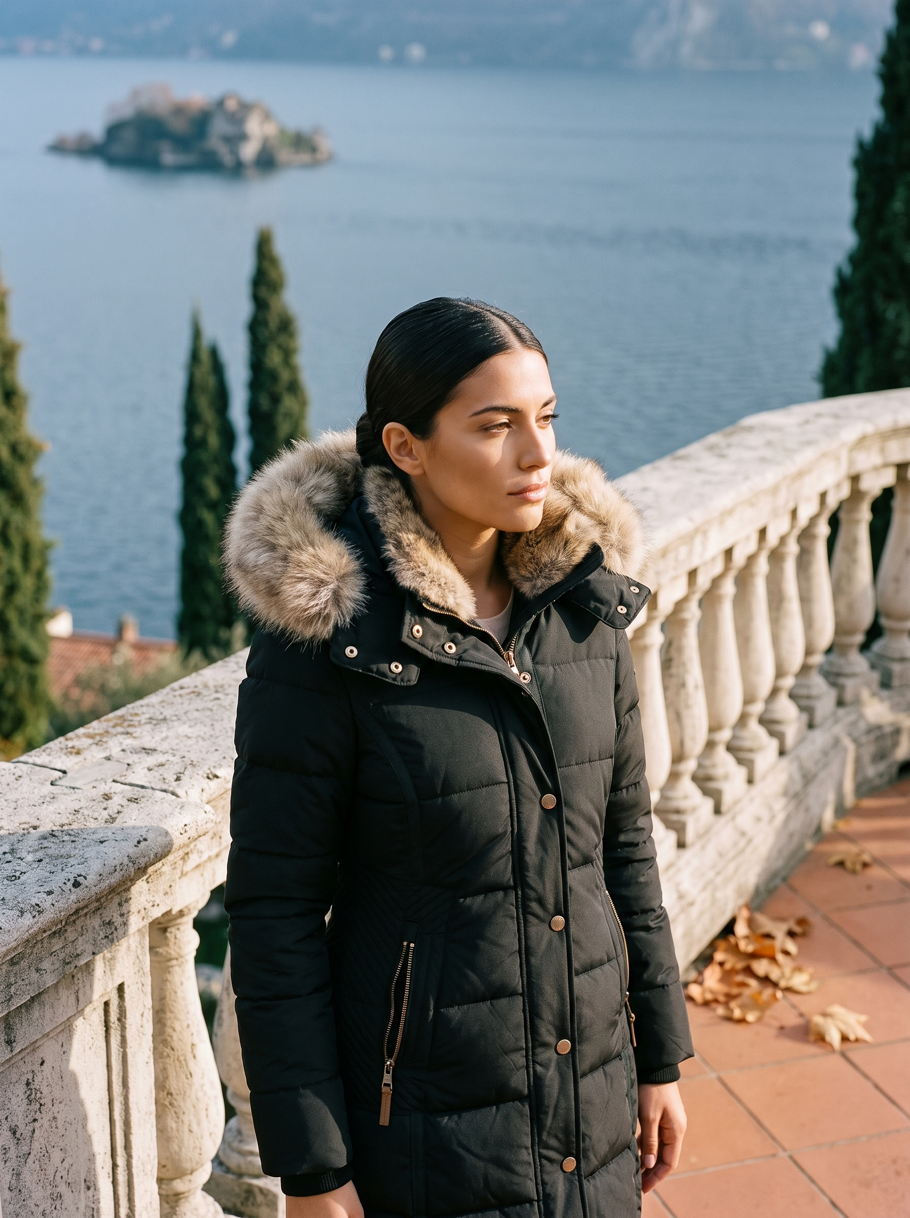 Black long puffer coat for women, worn on a Lake Como terrace — Aveloire