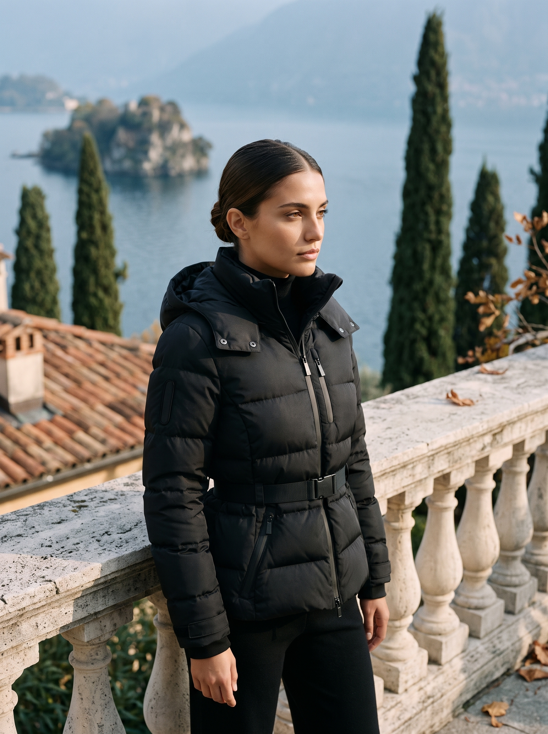 Black puffer coat for women, worn on a Lake Como terrace — Aveloire