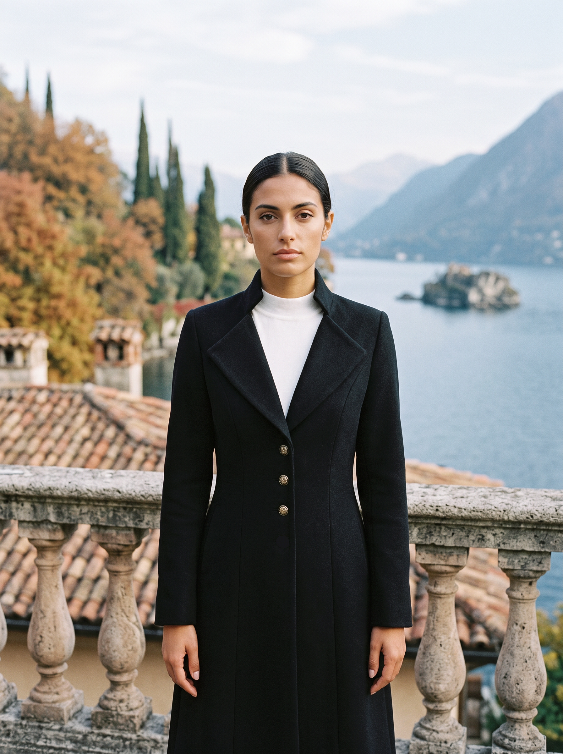 Black ladies overcoat, long and slim, worn on a Lake Como terrace — Aveloire