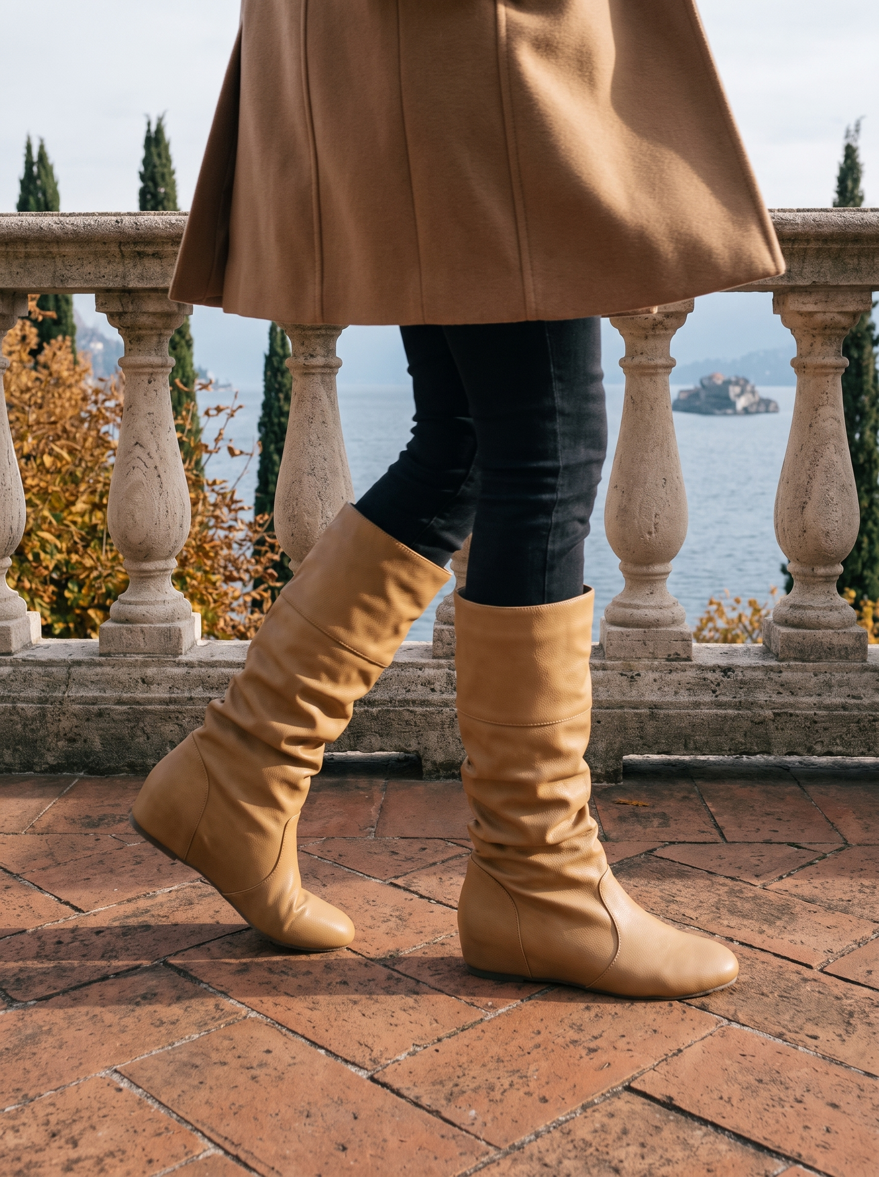 Camel knee high boots for women, styled outfit shot with the shaft slouched — Aveloire