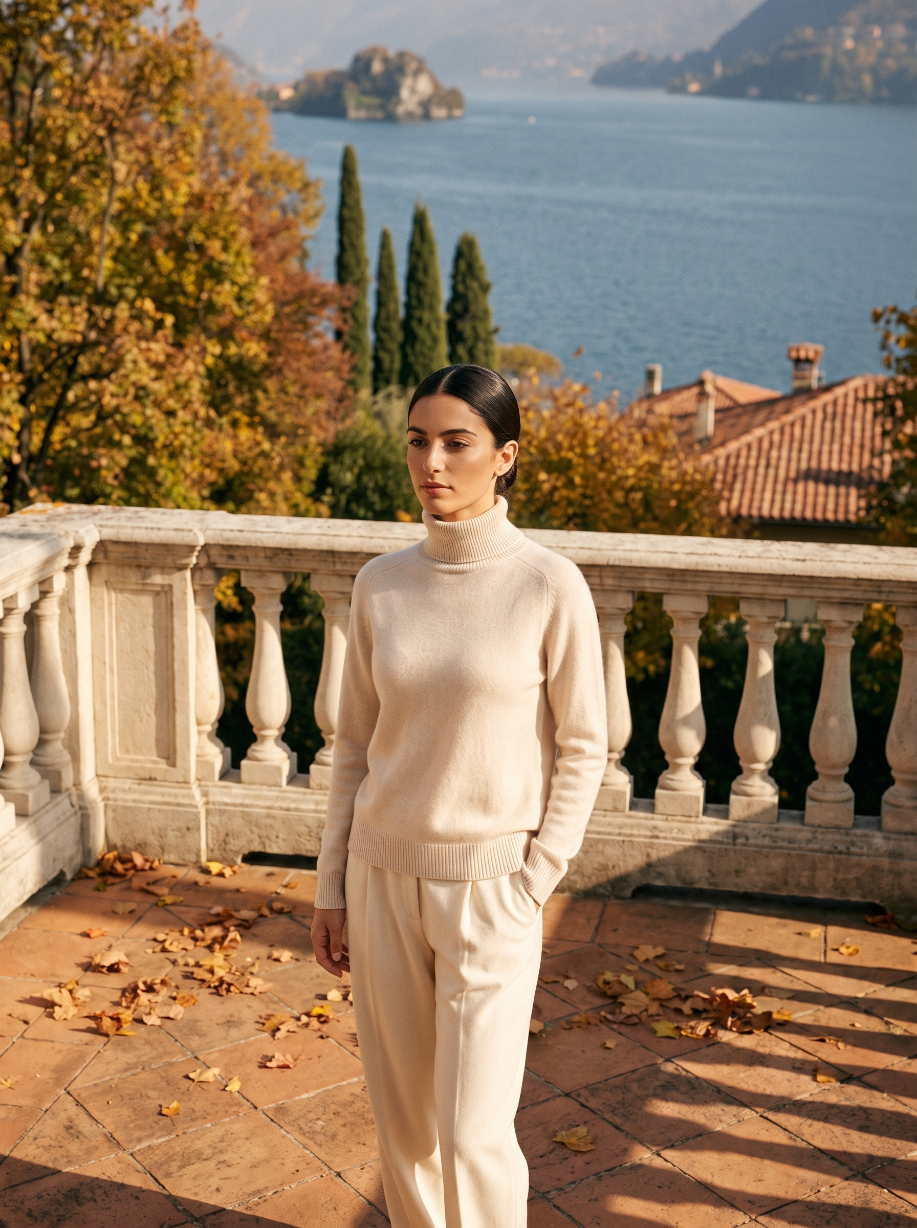 Cream women's high neck turtleneck sweater, front view - Aveloire