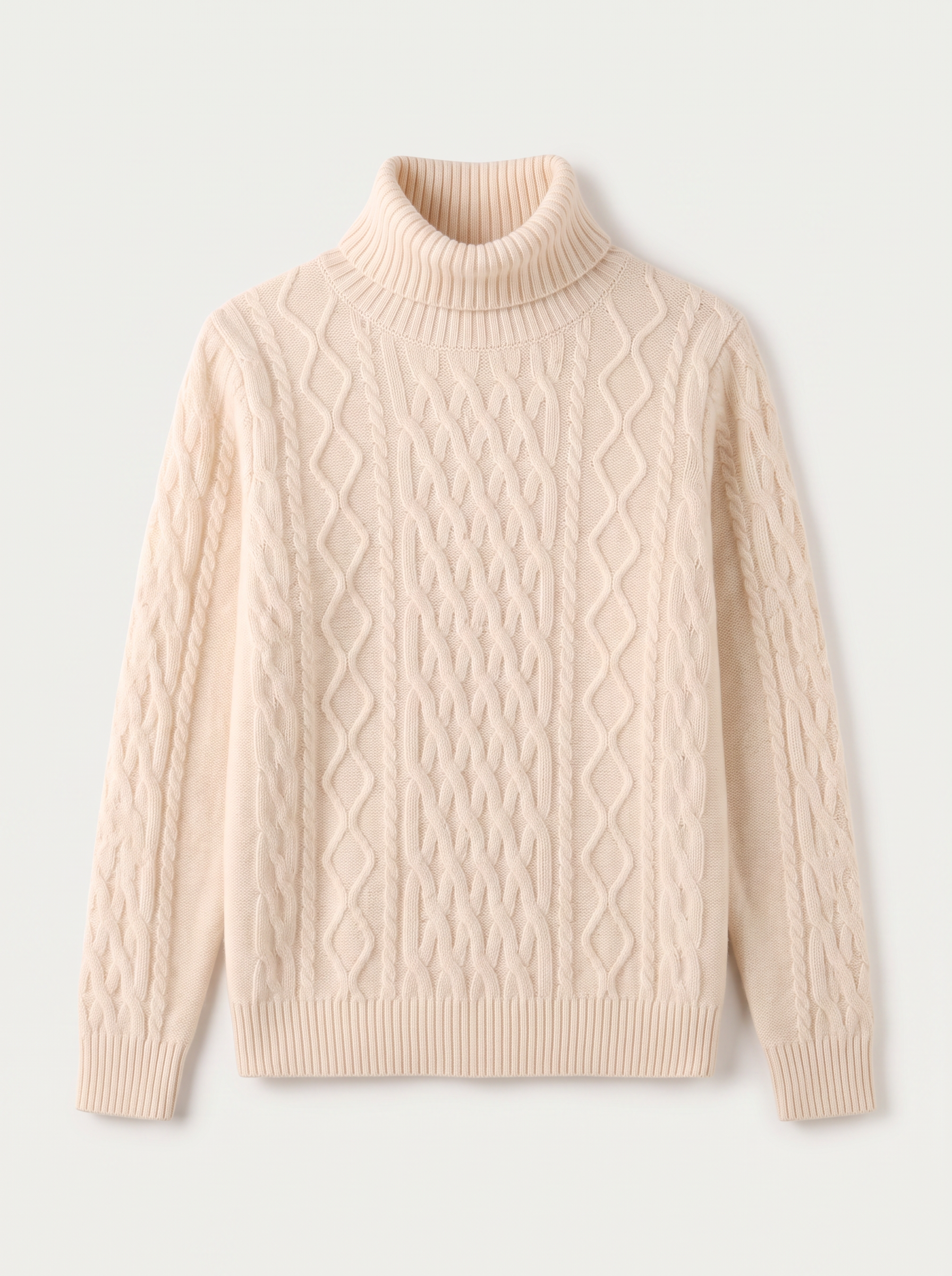 Cream wool cable knit turtleneck sweater flat lay product photo — Aveloire