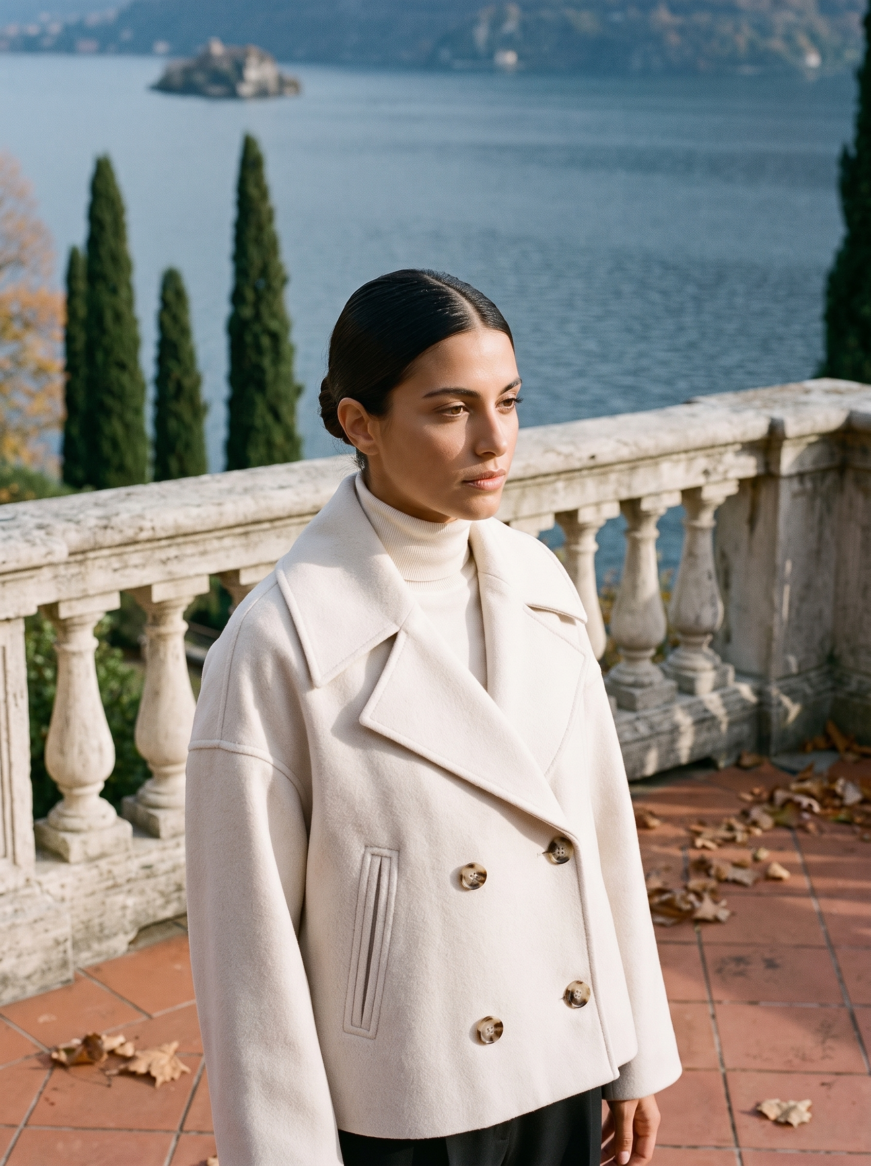 Cream cropped peacoat for women, worn on a Lake Como terrace — Aveloire