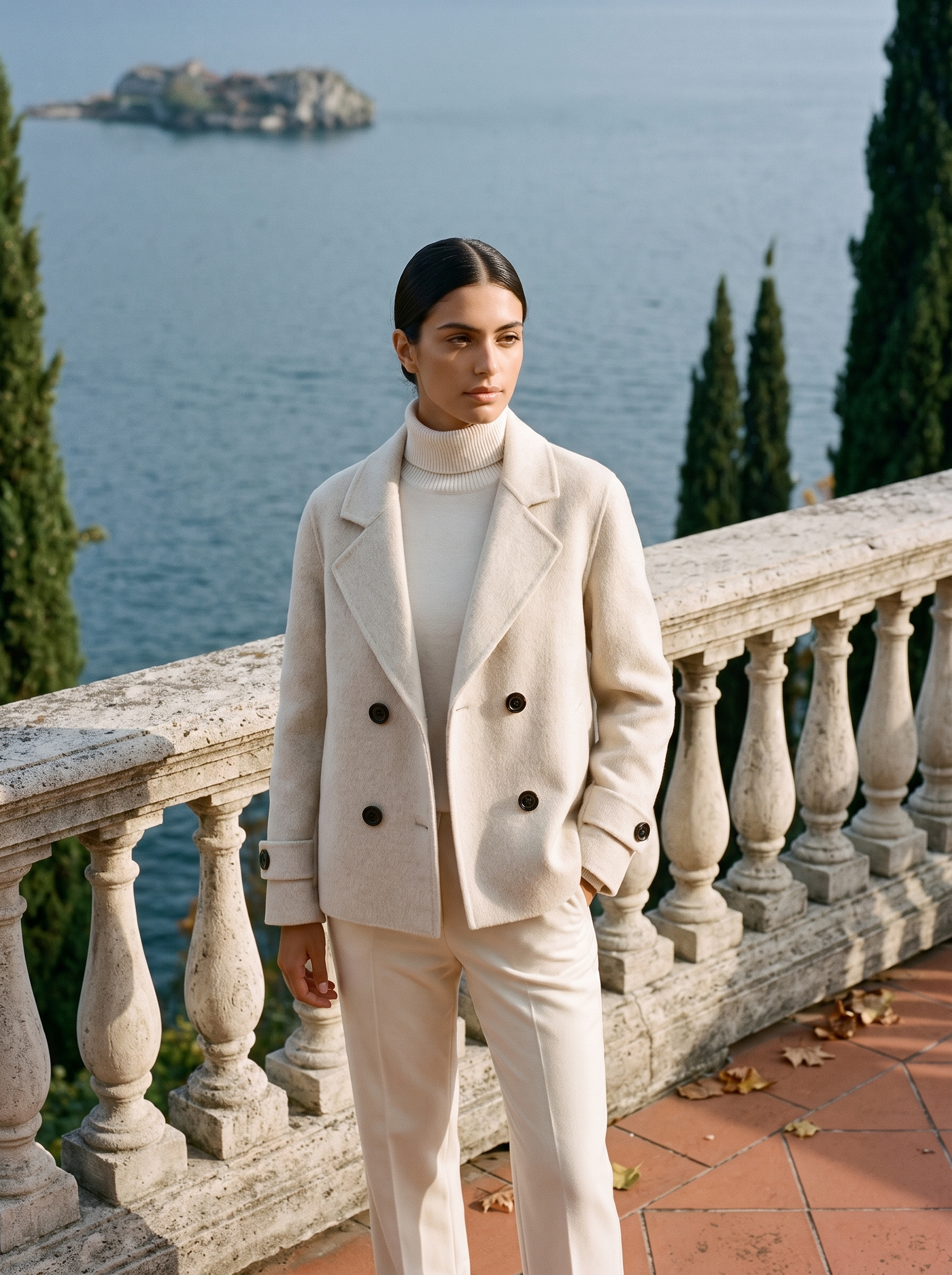 Cream ladies overcoat, double breasted, full length front view — Aveloire
