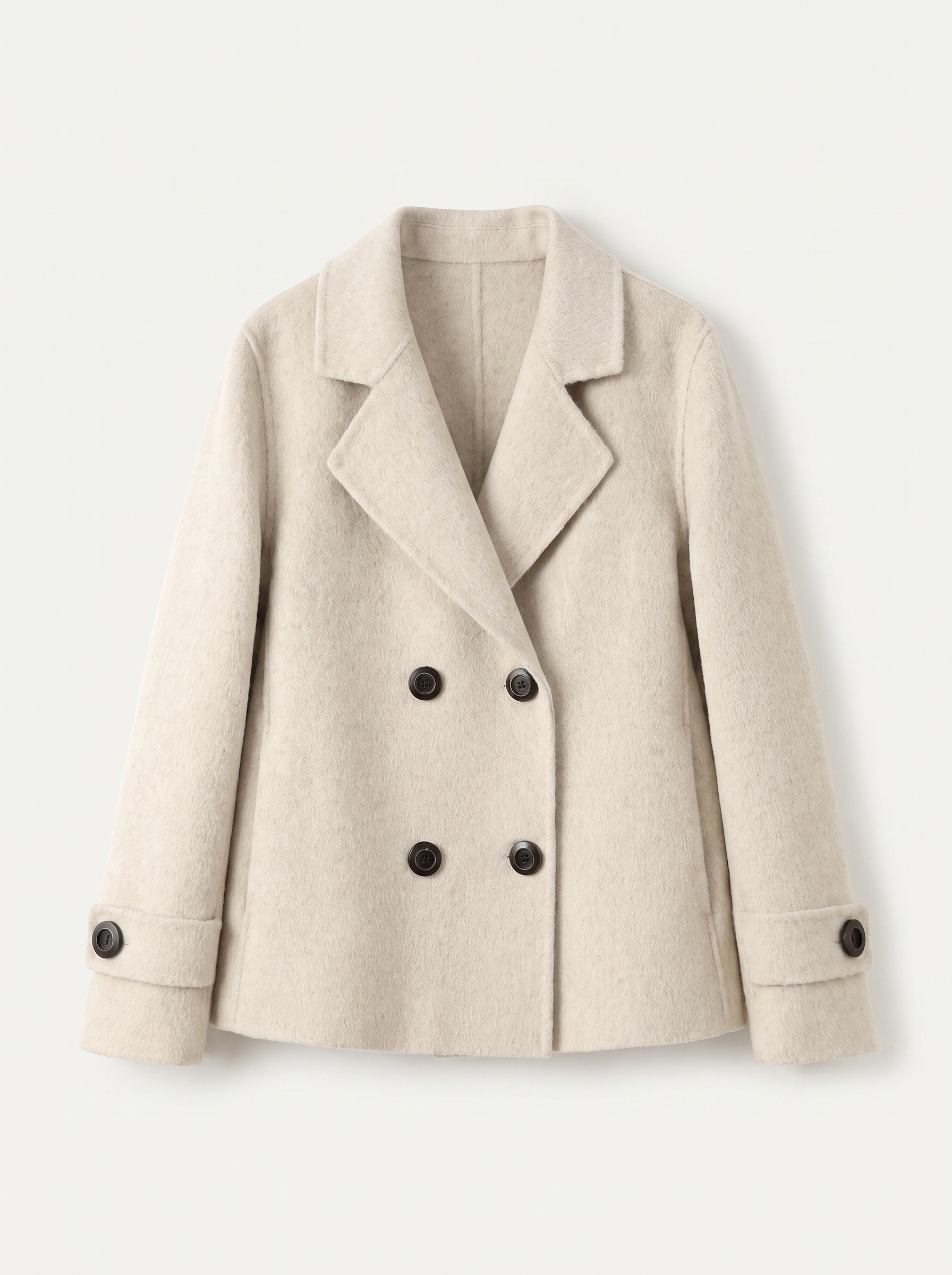 Cream ladies overcoat, double breasted, flat lay — Aveloire