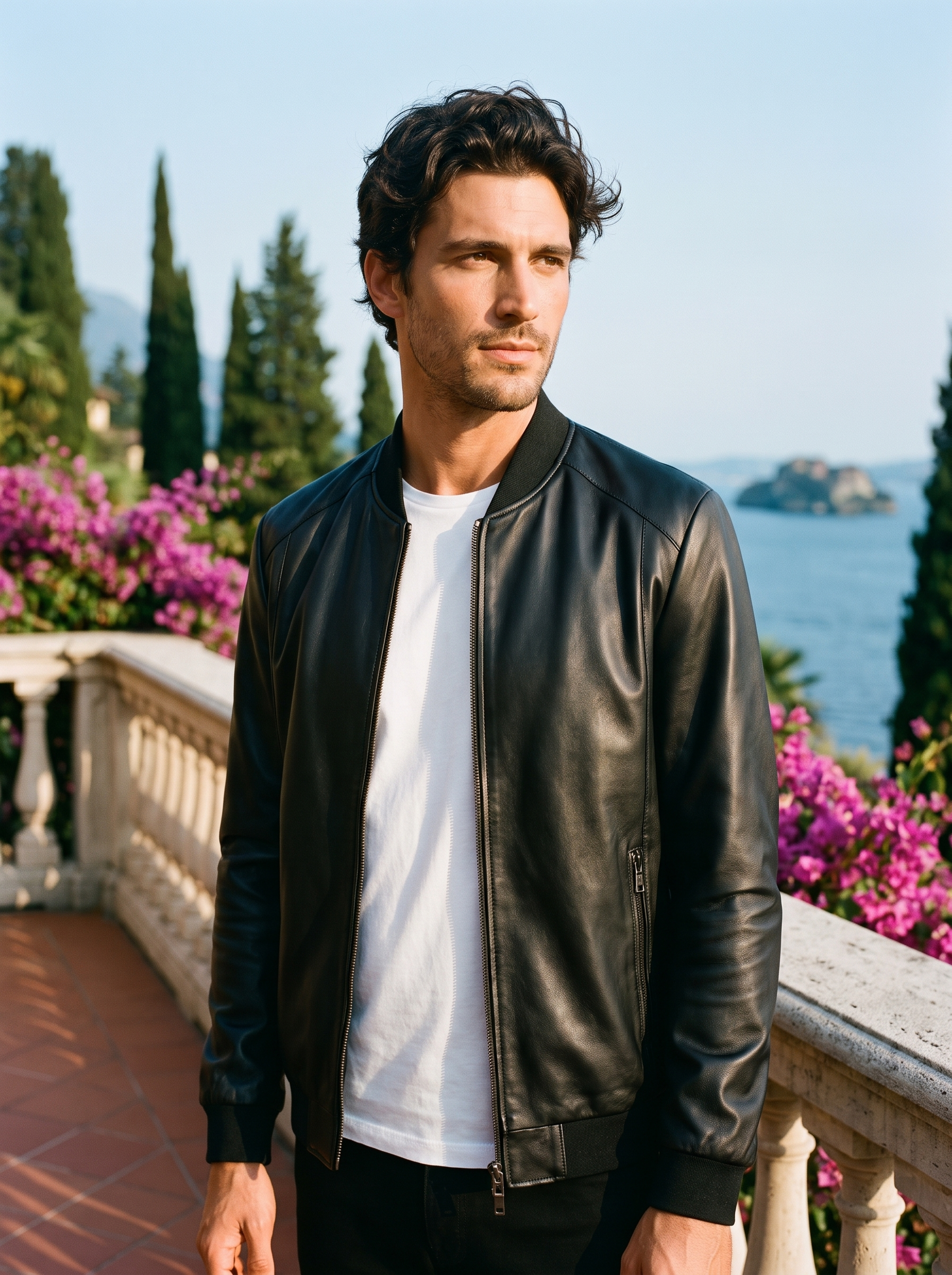 Man wearing black leather bomber jacket on a Lake Como terrace — Aveloire