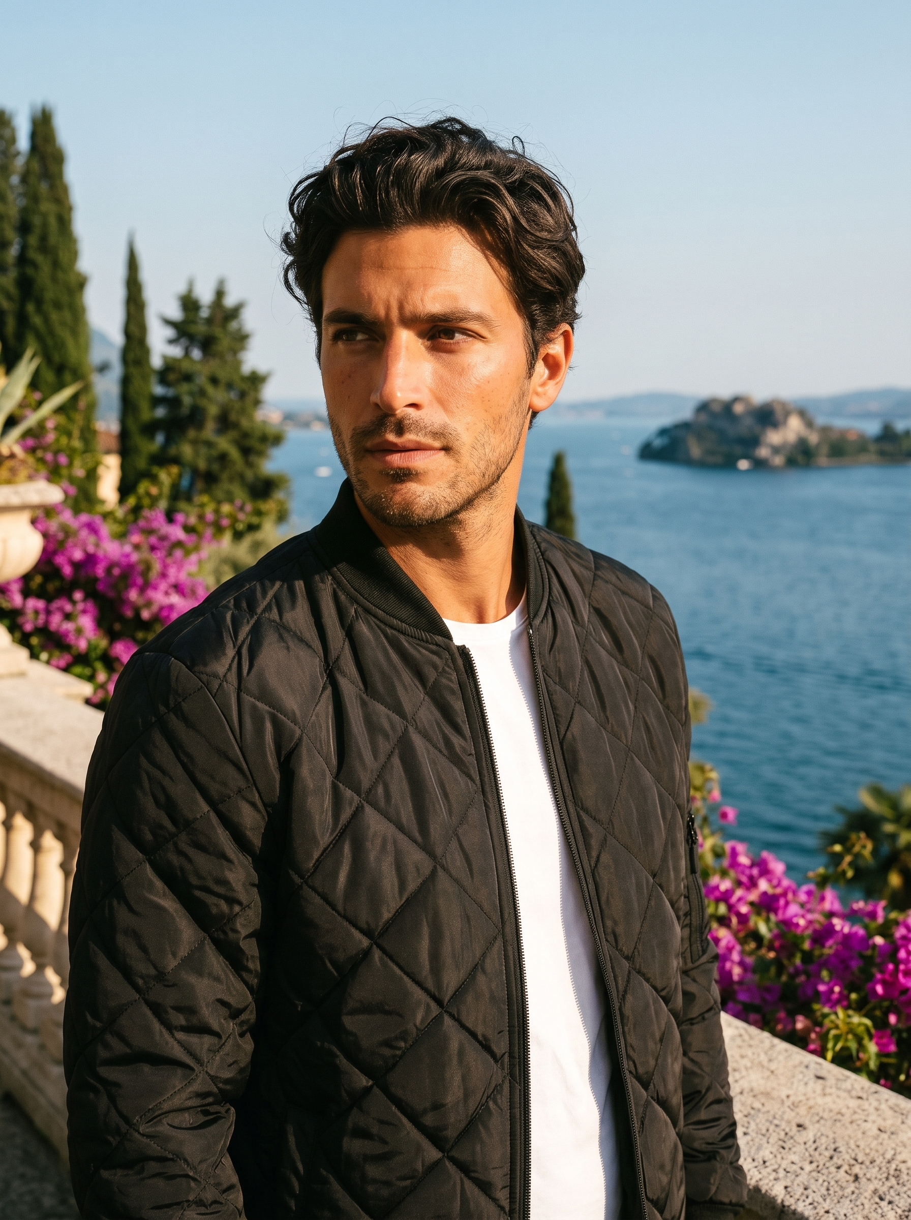 Man wearing a black quilted bomber jacket on a terrace overlooking Lake Como, old money style — Aveloire