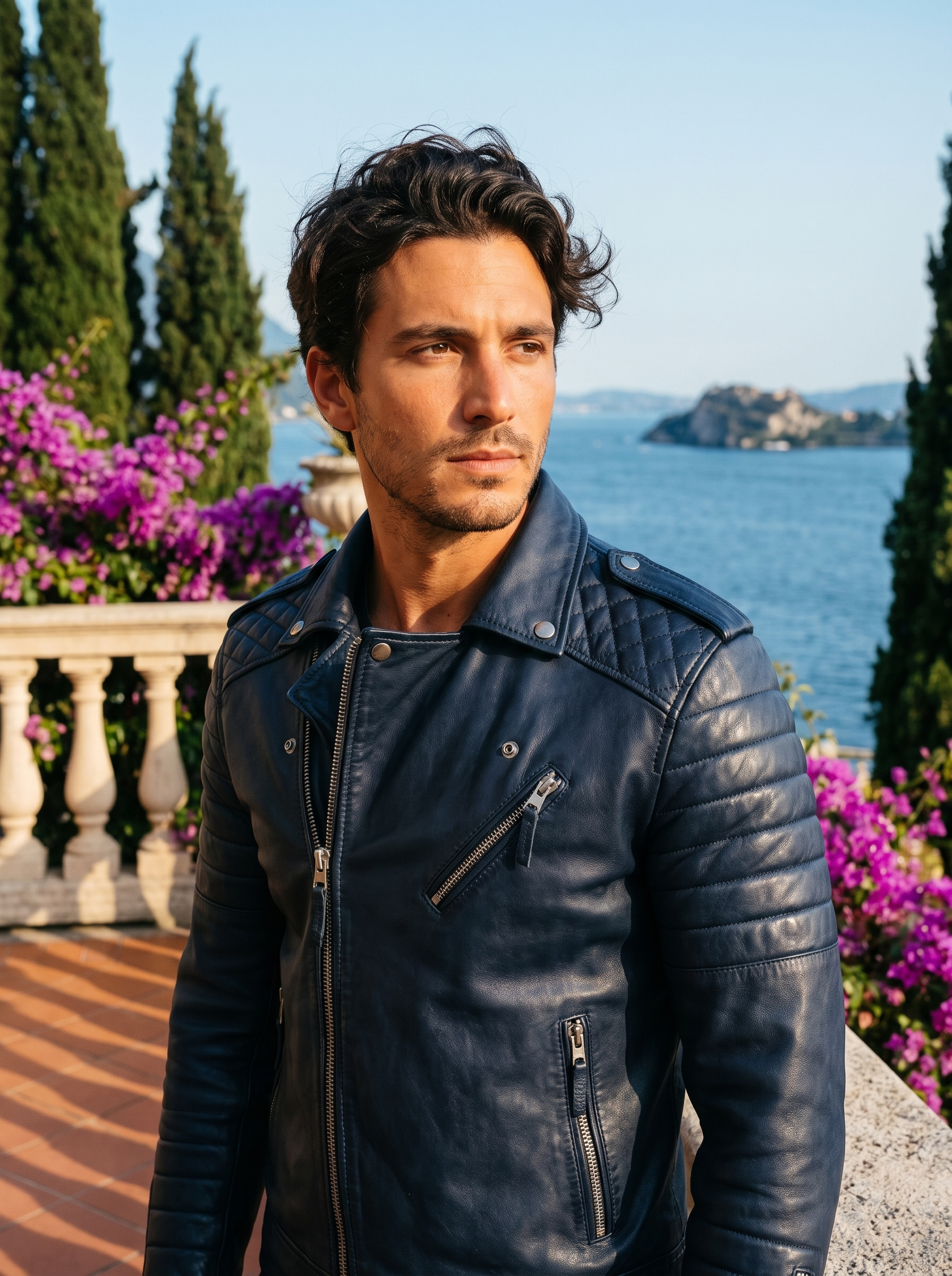 Man wearing blue slim fit biker jacket on a Lake Como terrace — Aveloire