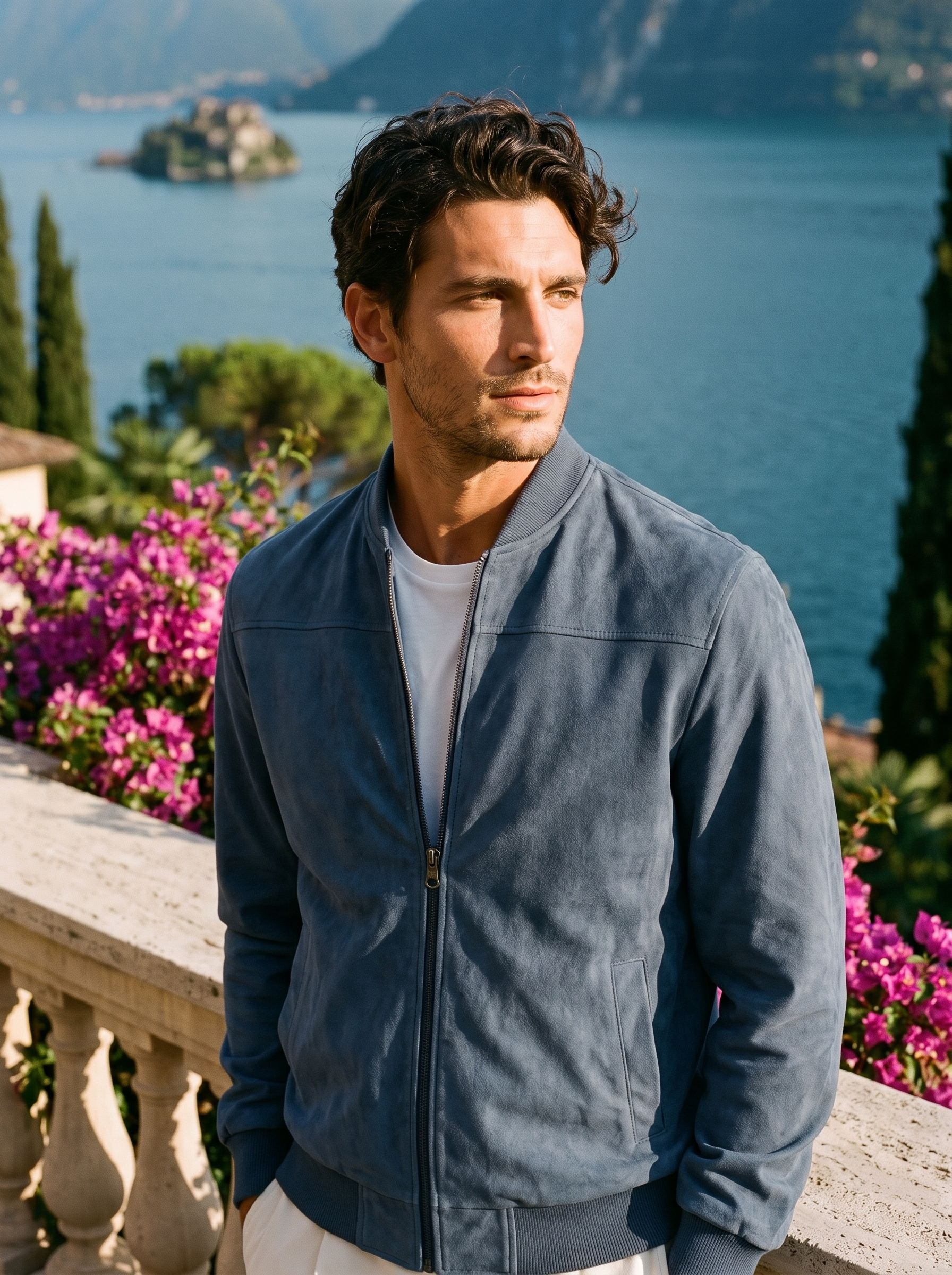 Man wearing a slate blue suede zip jacket on a terrace overlooking Lake Como, old money style — Aveloire